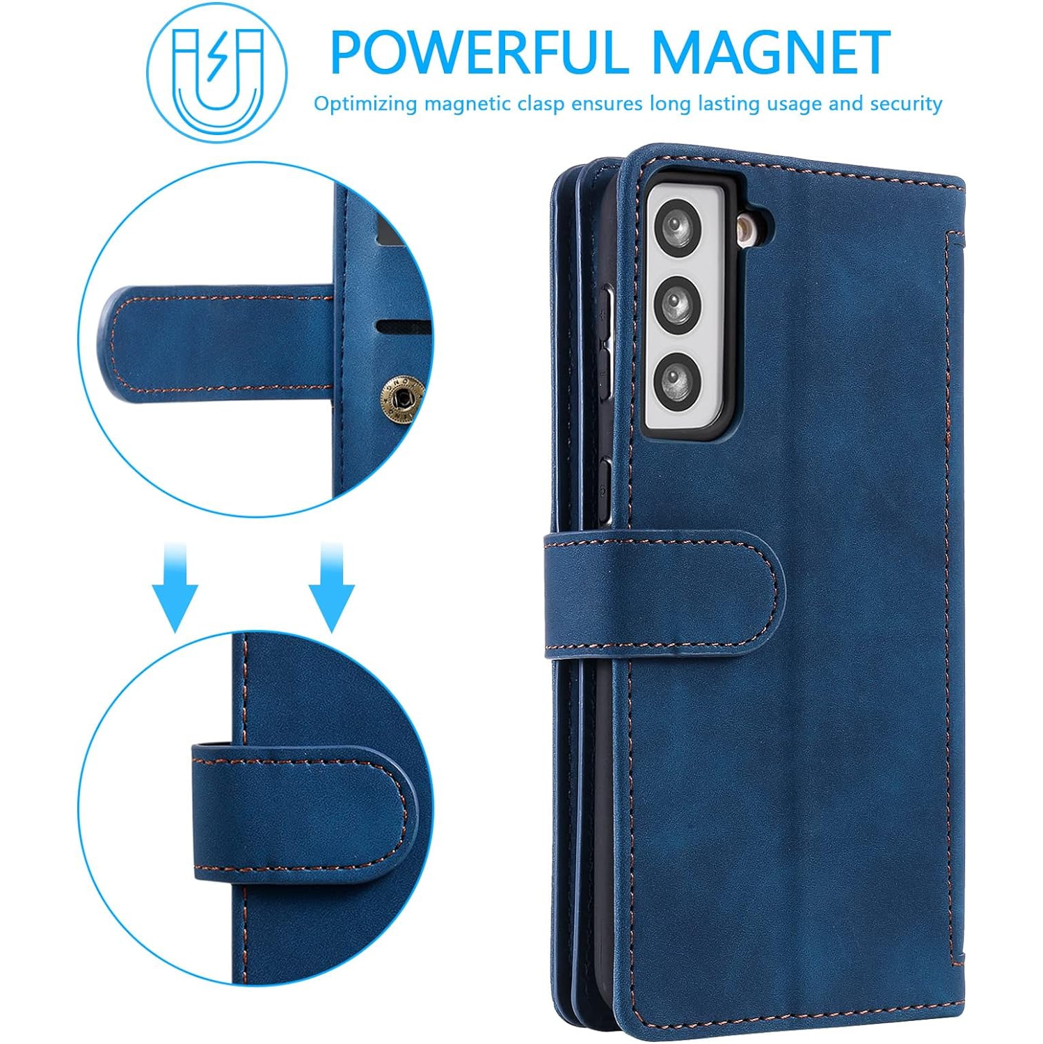 Wallet Case for Samsung S22 PLUS, Retro Matte 9 Card Holder Slots Zipper Pocket Case PU Leather Magnetic Closure Kickstand with Wrist Strap Folio