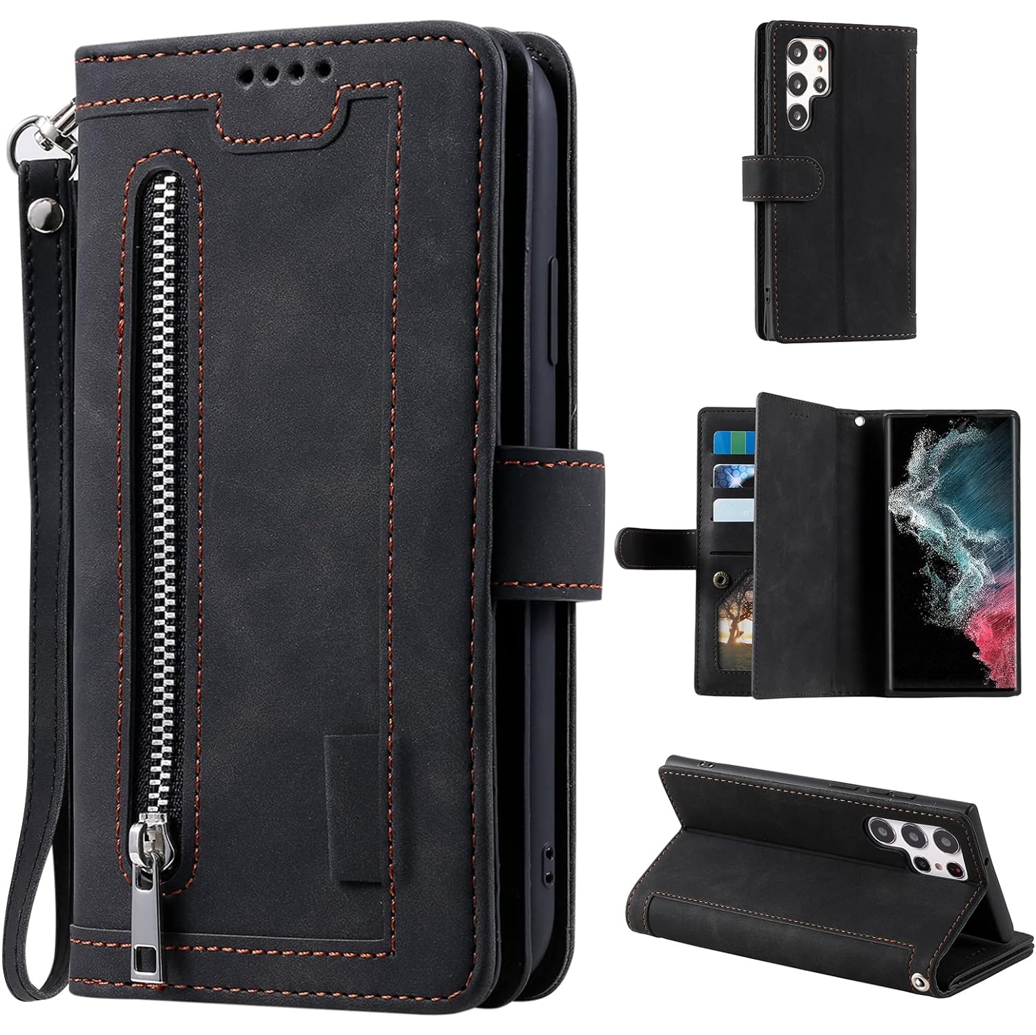 Wallet Case for Samsung S22 ULTRA, Retro Matte 9 Card Holder Slots Zipper Pocket Case PU Leather Magnetic Closure Kickstand with Wrist Strap Folio