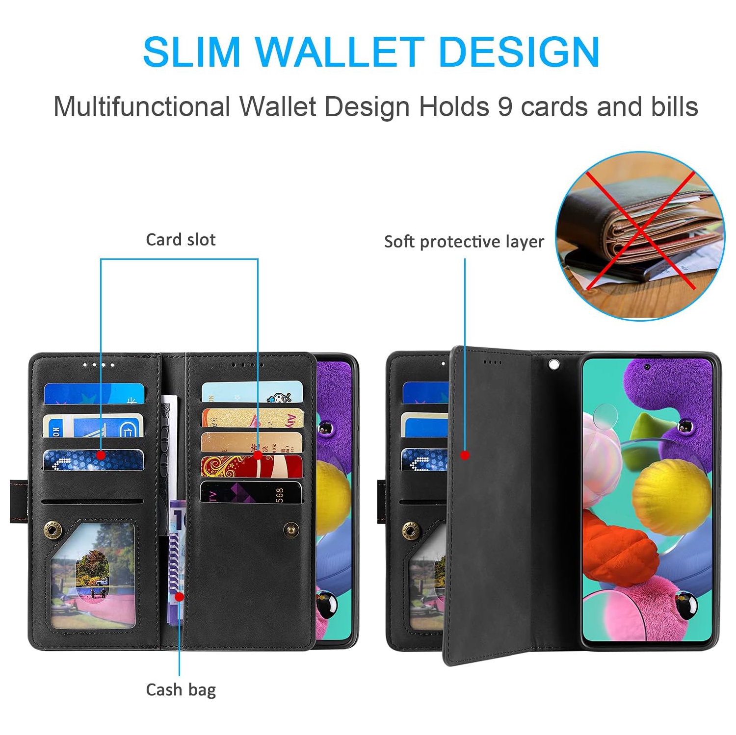 Wallet Case for Samsung S22 ULTRA, Retro Matte 9 Card Holder Slots Zipper Pocket Case PU Leather Magnetic Closure Kickstand with Wrist Strap Folio