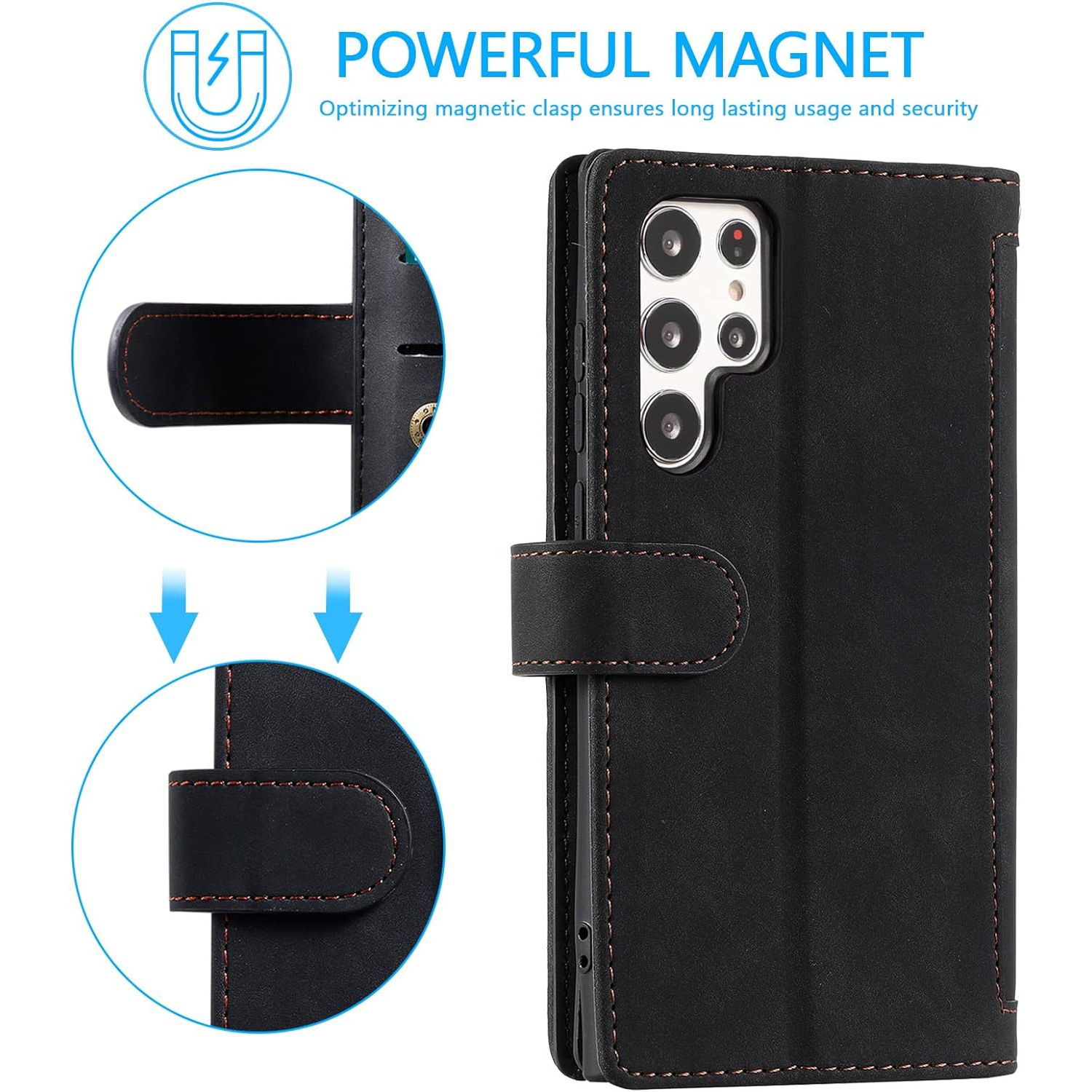 Wallet Case for Samsung S22 ULTRA, Retro Matte 9 Card Holder Slots Zipper Pocket Case PU Leather Magnetic Closure Kickstand with Wrist Strap Folio