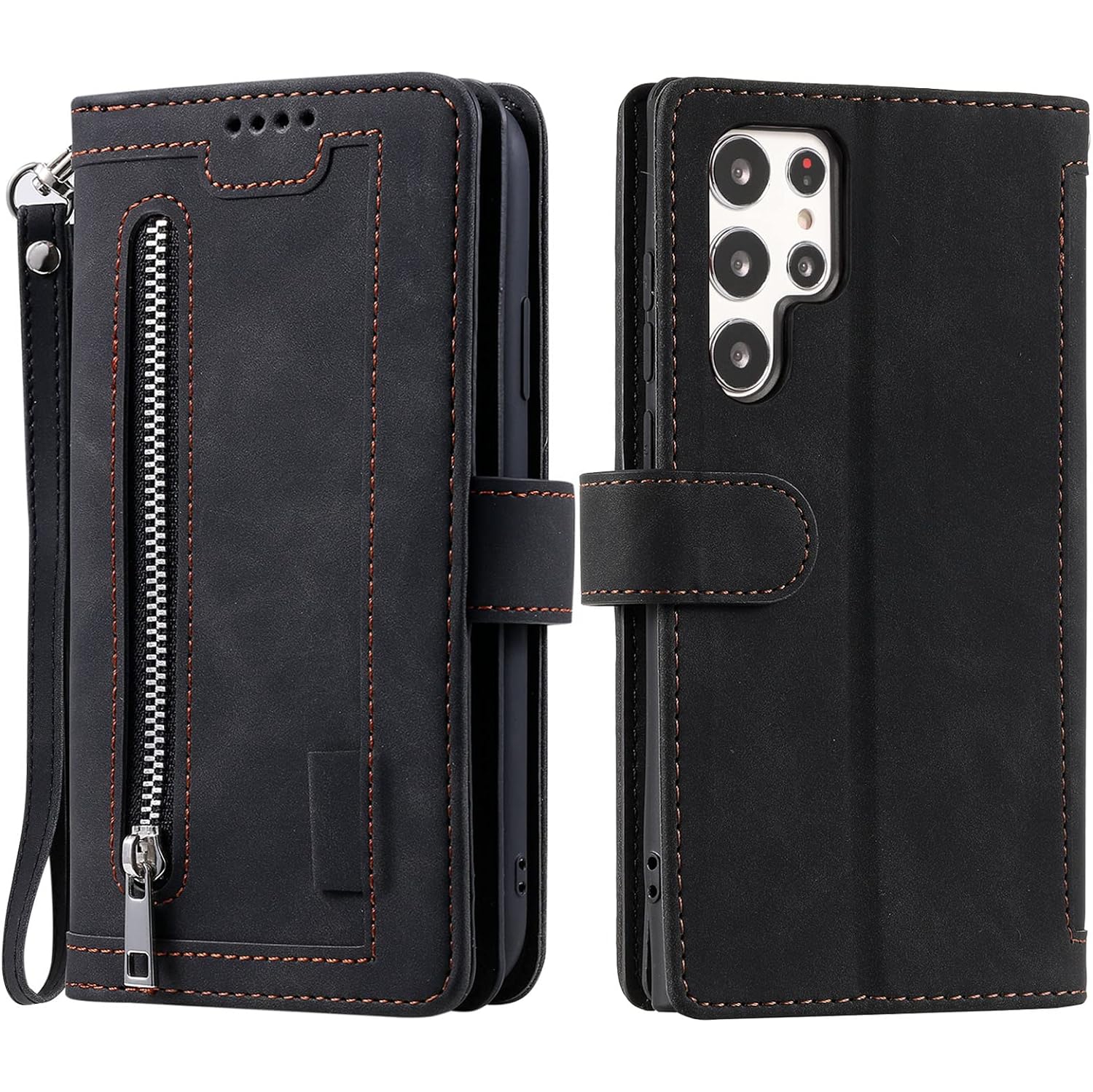 Wallet Case for Samsung S22 ULTRA, Retro Matte 9 Card Holder Slots Zipper Pocket Case PU Leather Magnetic Closure Kickstand with Wrist Strap Folio