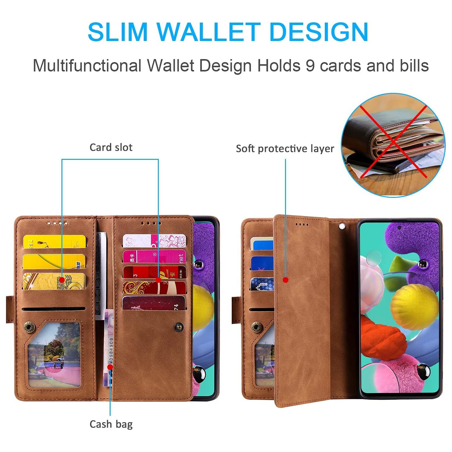 Wallet Case for Samsung S22 ULTRA, Retro Matte 9 Card Holder Slots Zipper Pocket Case PU Leather Magnetic Closure Kickstand with Wrist Strap Folio