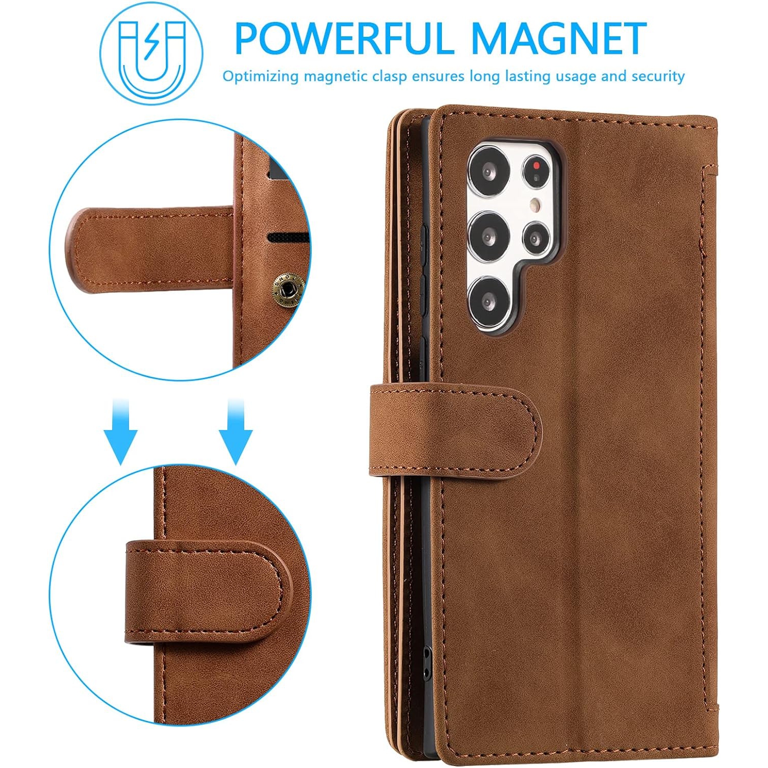 Wallet Case for Samsung S22 ULTRA, Retro Matte 9 Card Holder Slots Zipper Pocket Case PU Leather Magnetic Closure Kickstand with Wrist Strap Folio