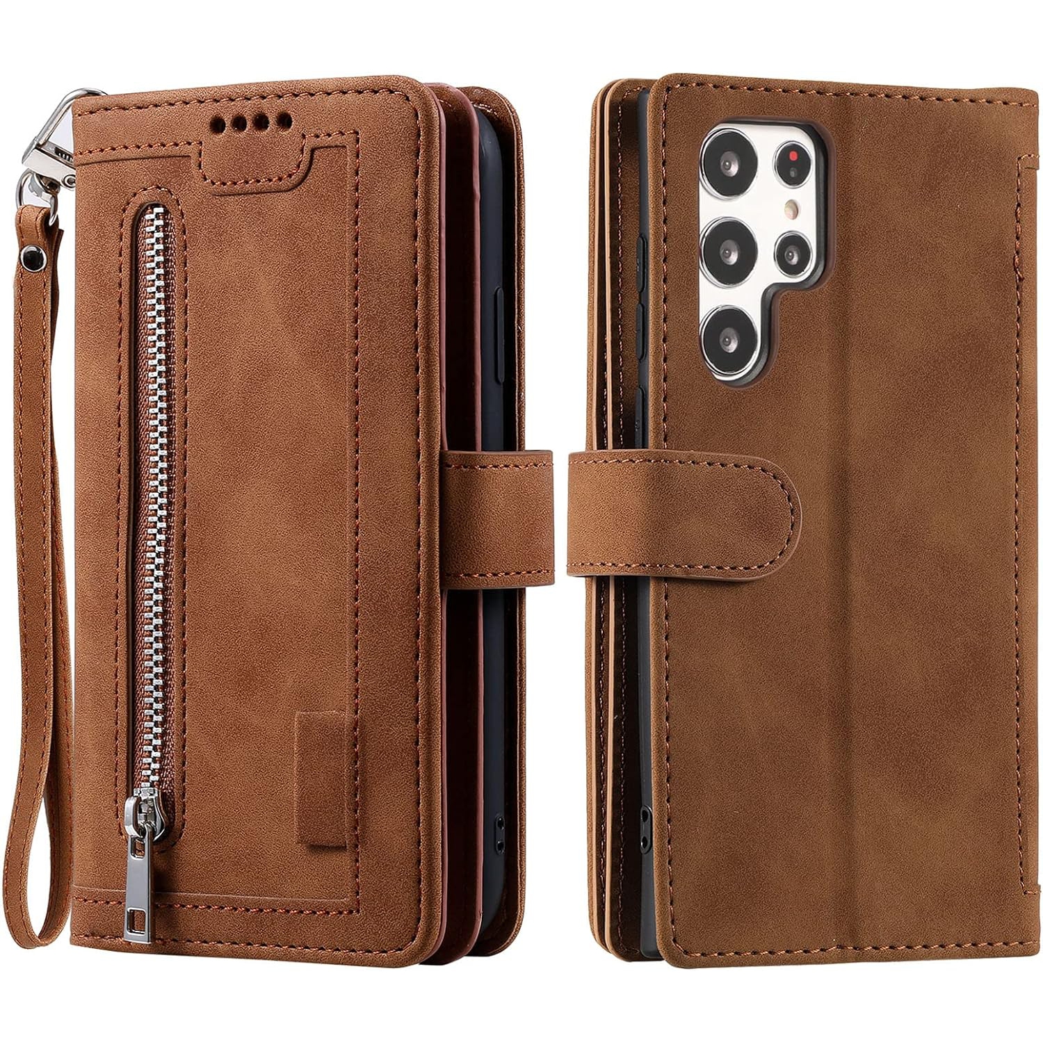 Wallet Case for Samsung S22 ULTRA, Retro Matte 9 Card Holder Slots Zipper Pocket Case PU Leather Magnetic Closure Kickstand with Wrist Strap Folio