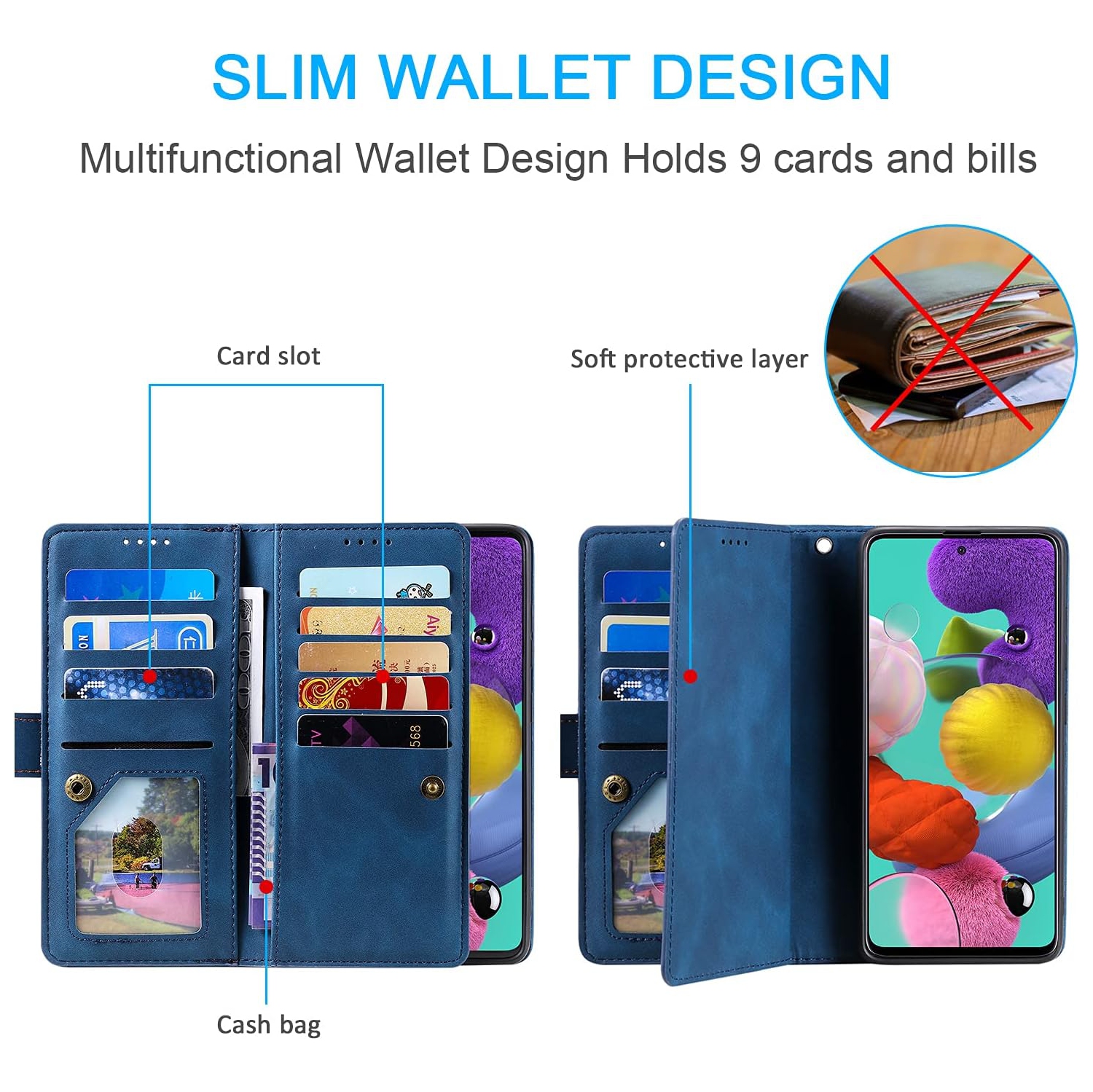 Wallet Case for Samsung S22 ULTRA, Retro Matte 9 Card Holder Slots Zipper Pocket Case PU Leather Magnetic Closure Kickstand with Wrist Strap Folio