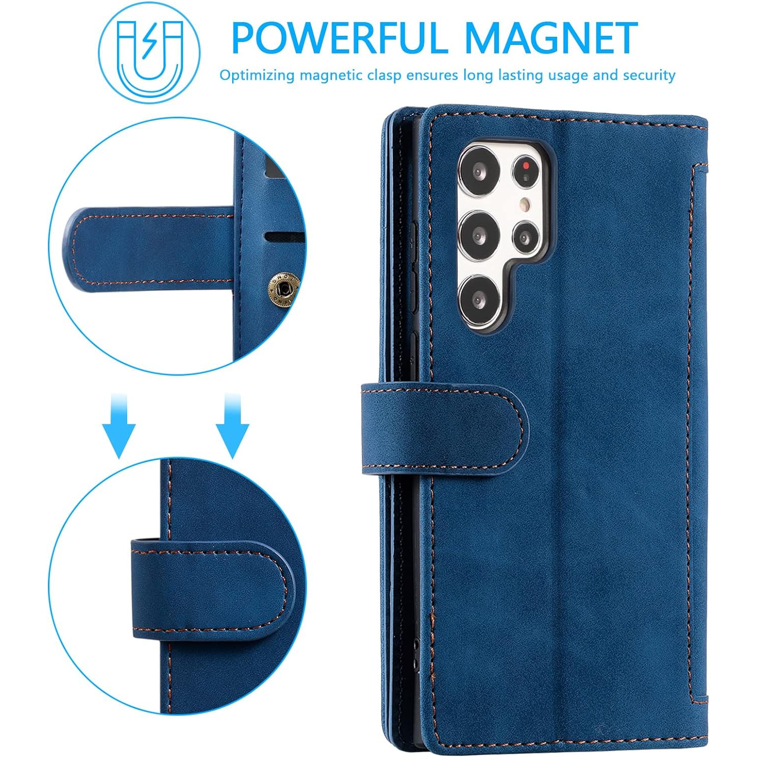 Wallet Case for Samsung S22 ULTRA, Retro Matte 9 Card Holder Slots Zipper Pocket Case PU Leather Magnetic Closure Kickstand with Wrist Strap Folio