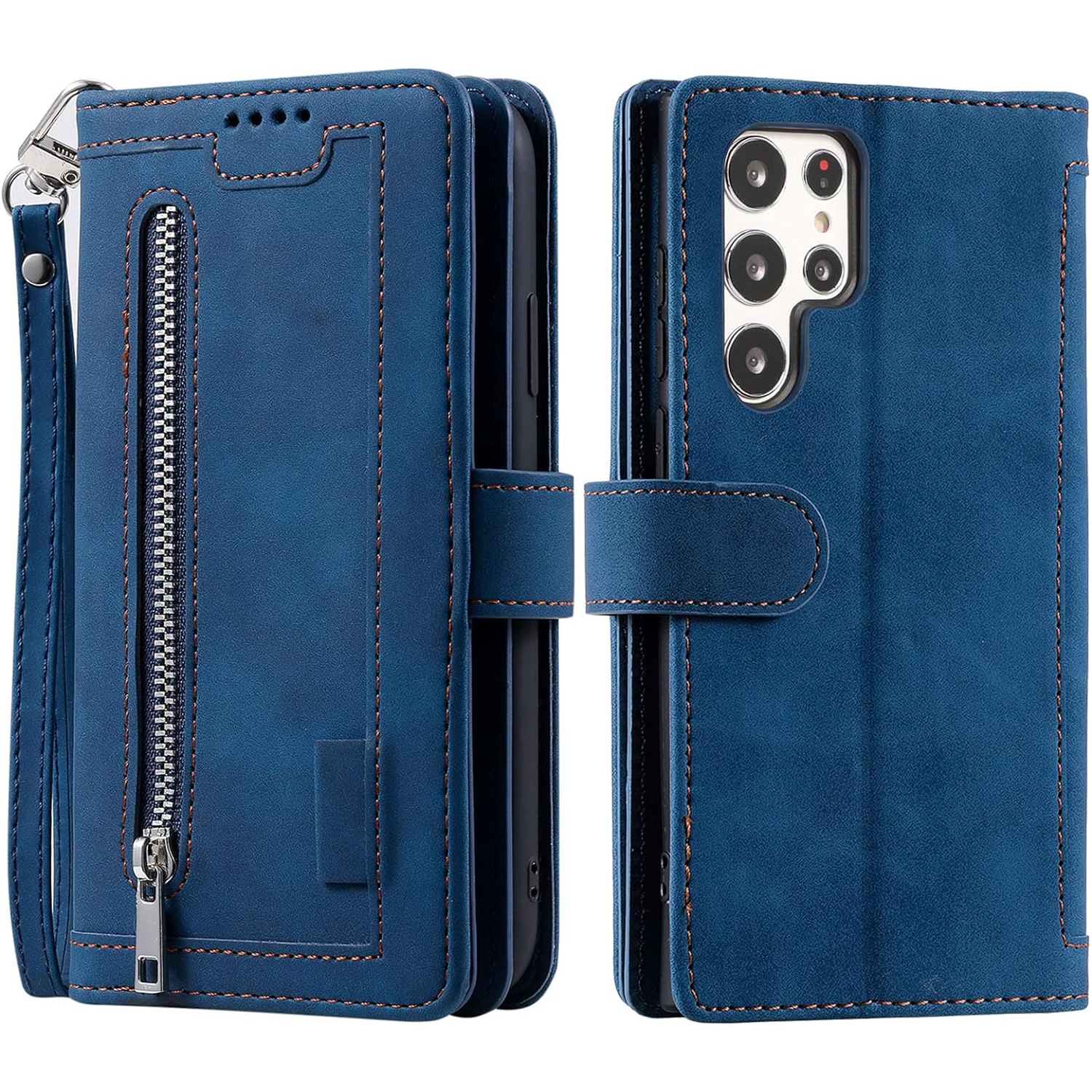 Wallet Case for Samsung S22 ULTRA, Retro Matte 9 Card Holder Slots Zipper Pocket Case PU Leather Magnetic Closure Kickstand with Wrist Strap Folio