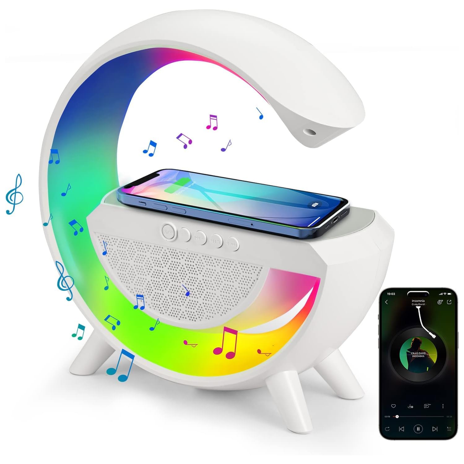 Lampe de table veilleuse LED Haut-parleur stéréo sans fil Bluetooth avec support de chargement sans fil pour le bureau de chambre à coucher