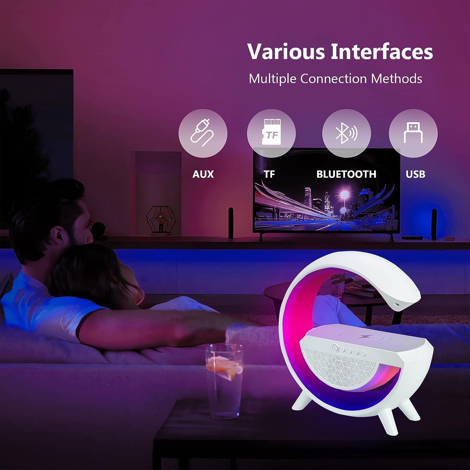 Lampe de table veilleuse LED Haut-parleur stéréo sans fil Bluetooth avec support de chargement sans fil pour le bureau de chambre à coucher