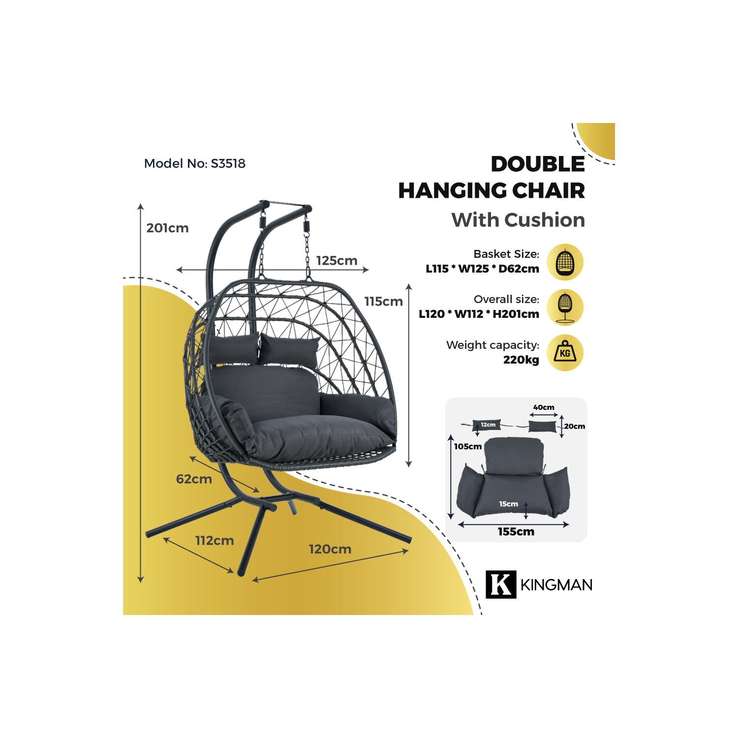 Kingman Outdoor/Indoor Double Porch Swing Egg Chair with Stand