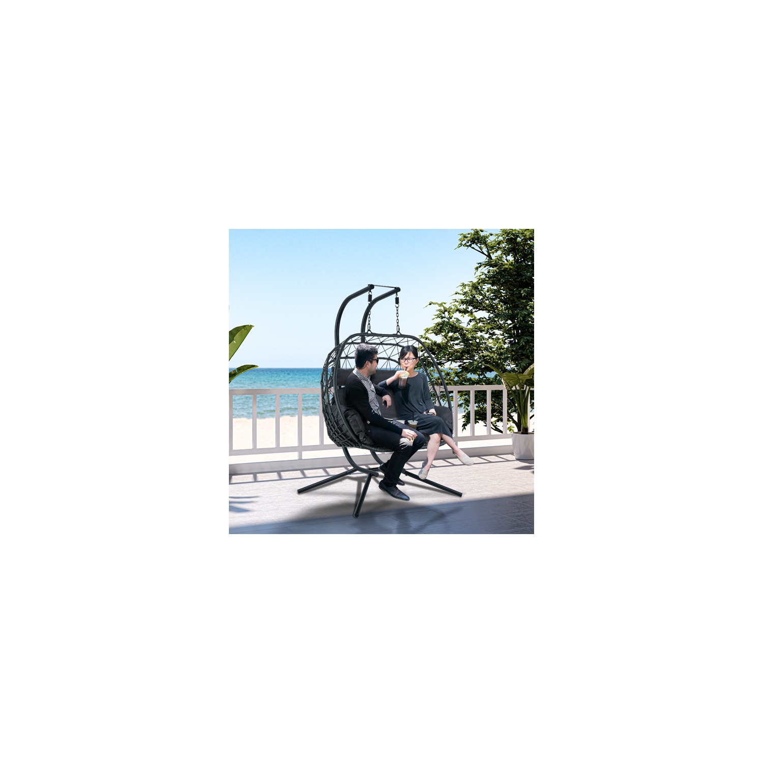 Kingman Outdoor/Indoor Double Porch Swing Egg Chair with Stand