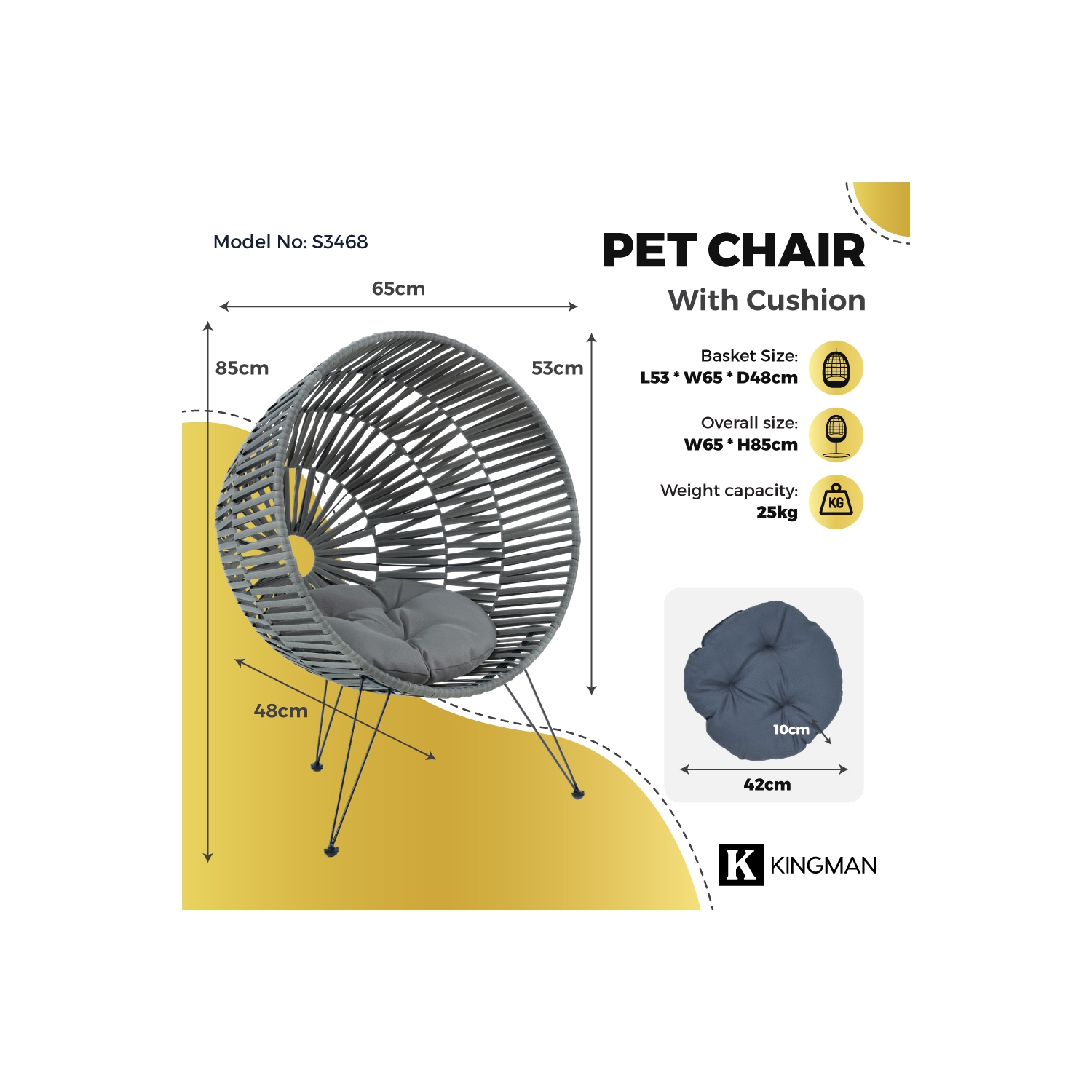 Kingman Handcrafted Pet Chair with Cushion - Grey