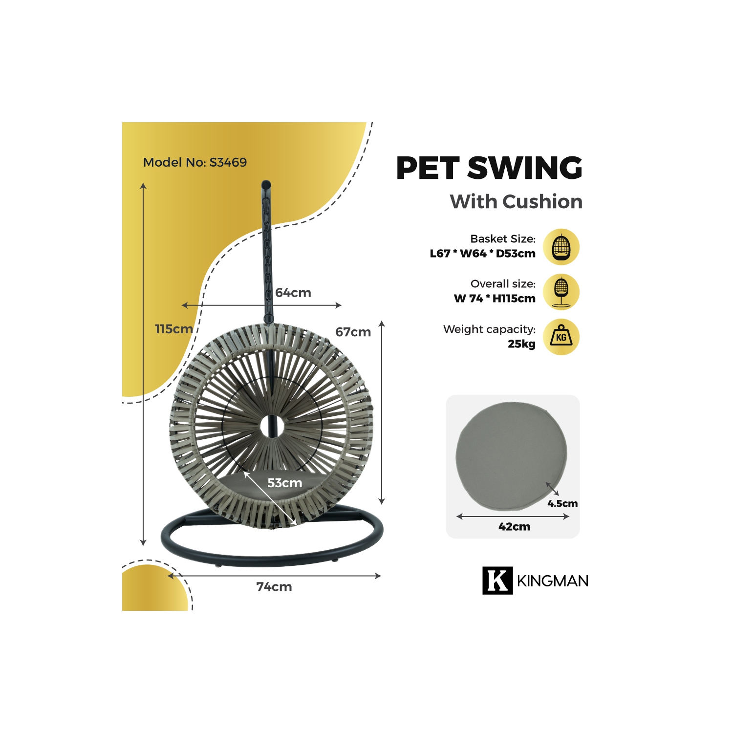 Kingman Handcrafted Porch Swing with Cushion for Pet - Grey