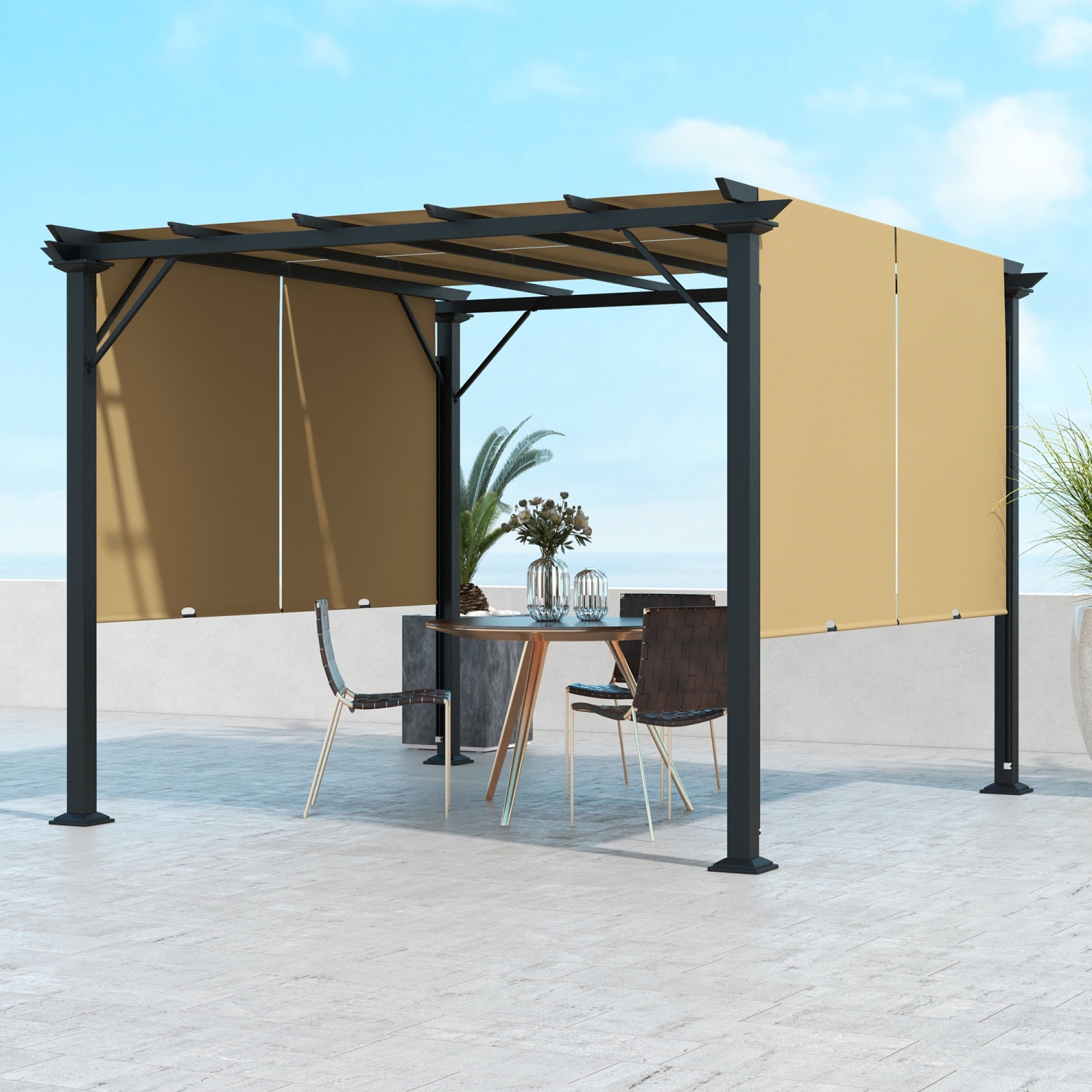 Outsunny 10' x 10' Retractable Pergola Canopy, Outdoor Gazebo with Sun Shade Canopy and Steel Frame, for Backyard, Garden, Patio, Deck, Brown