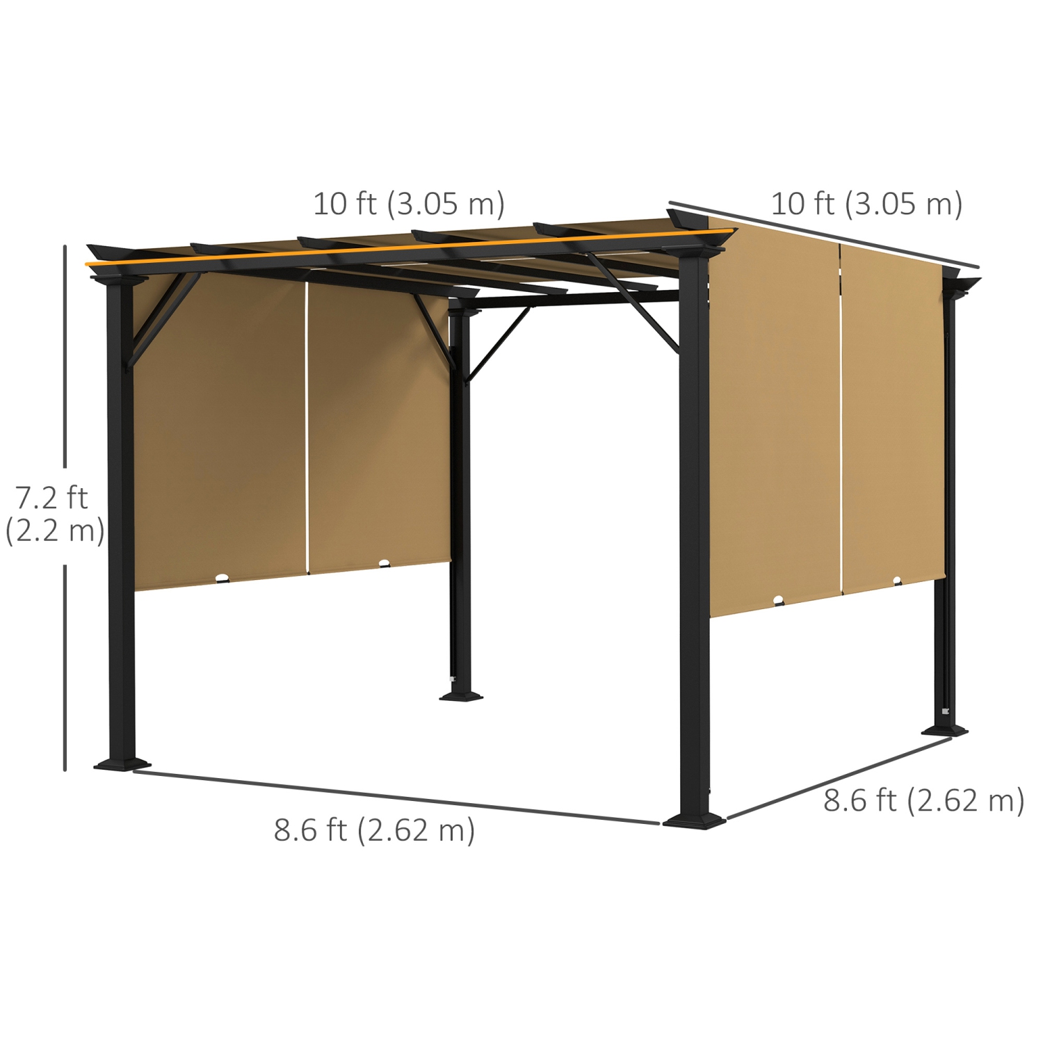 Outsunny 10' x 10' Retractable Pergola Canopy, Outdoor Gazebo with Sun Shade Canopy and Steel Frame, for Backyard, Garden, Patio, Deck, Brown