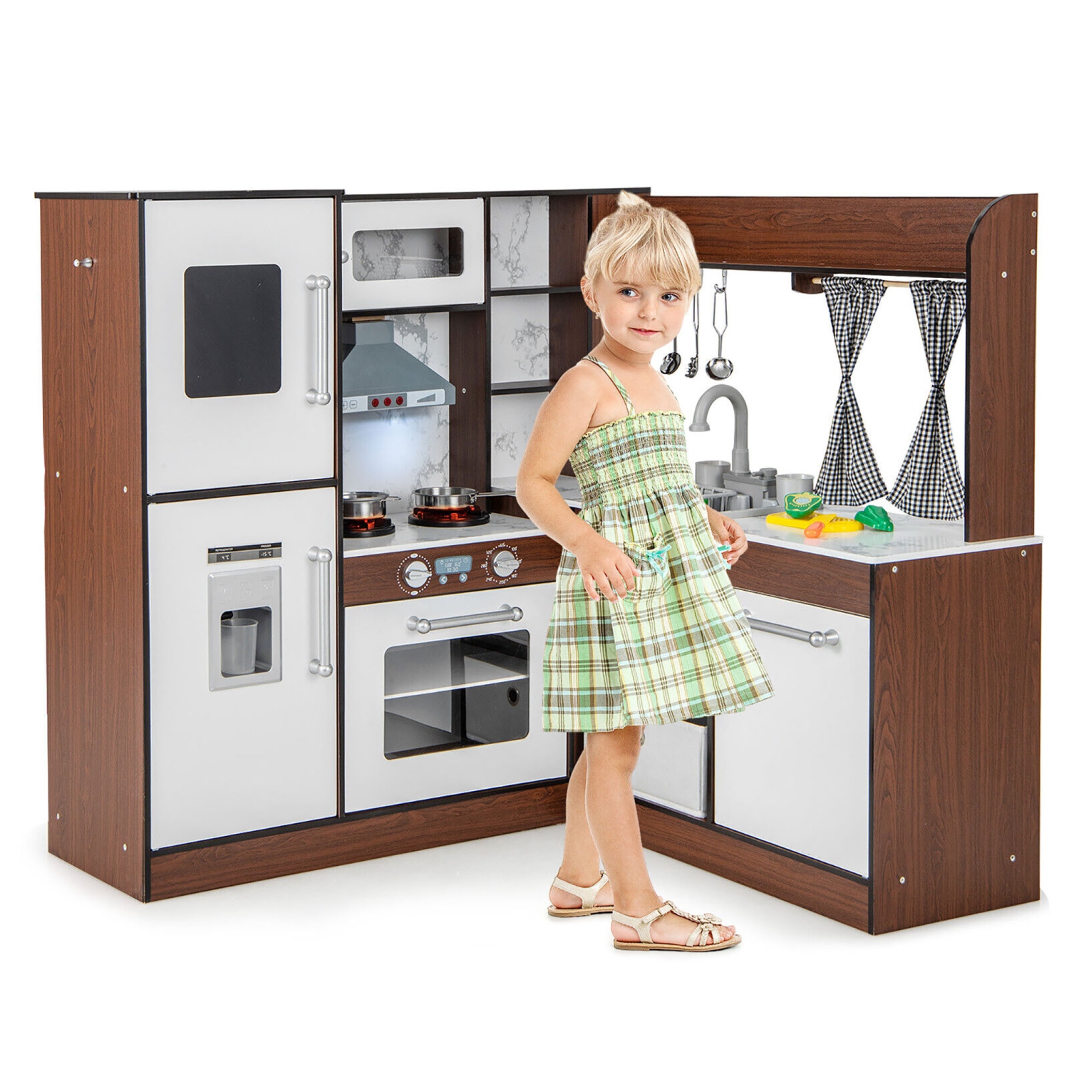 Gymax Wooden Corner Play Kitchen w/ Lights & Sounds Water Circulation System for Kids