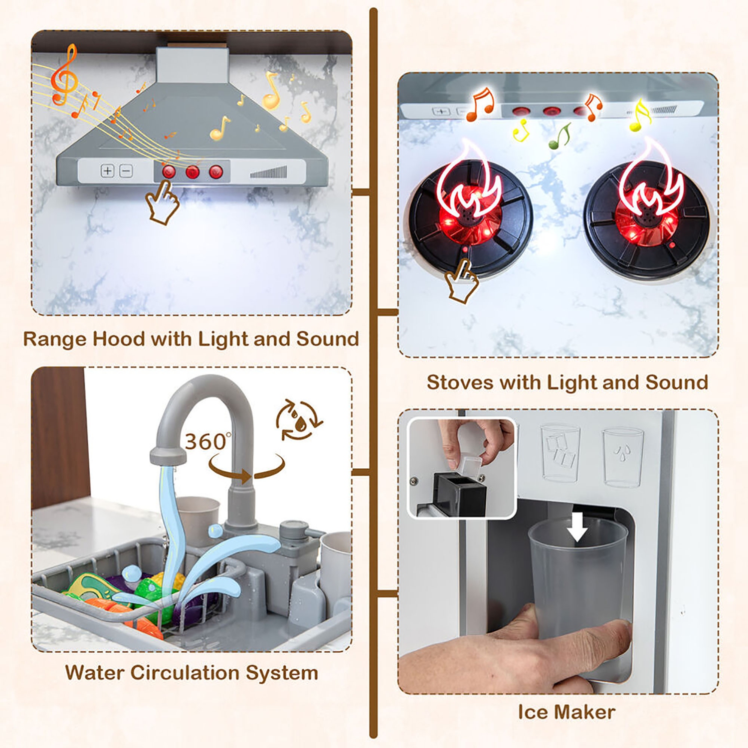 Gymax Wooden Corner Play Kitchen w/ Lights & Sounds Water Circulation System for Kids