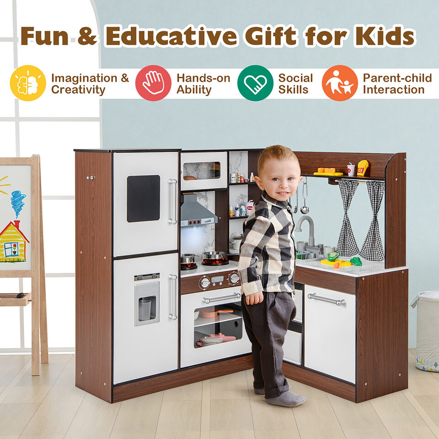 Gymax Wooden Corner Play Kitchen w/ Lights & Sounds Water Circulation System for Kids