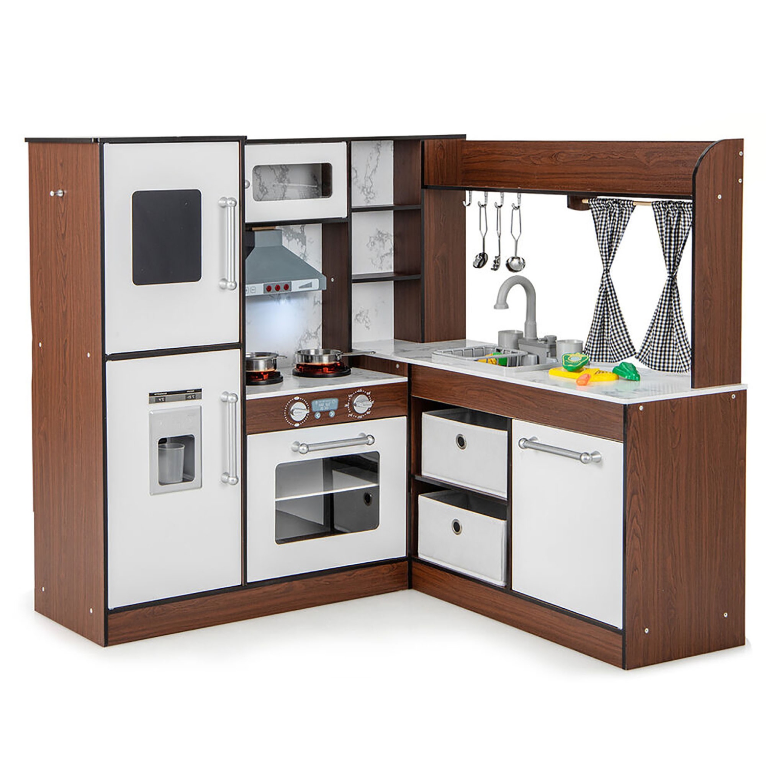 Gymax Wooden Corner Play Kitchen w/ Lights & Sounds Water Circulation System for Kids