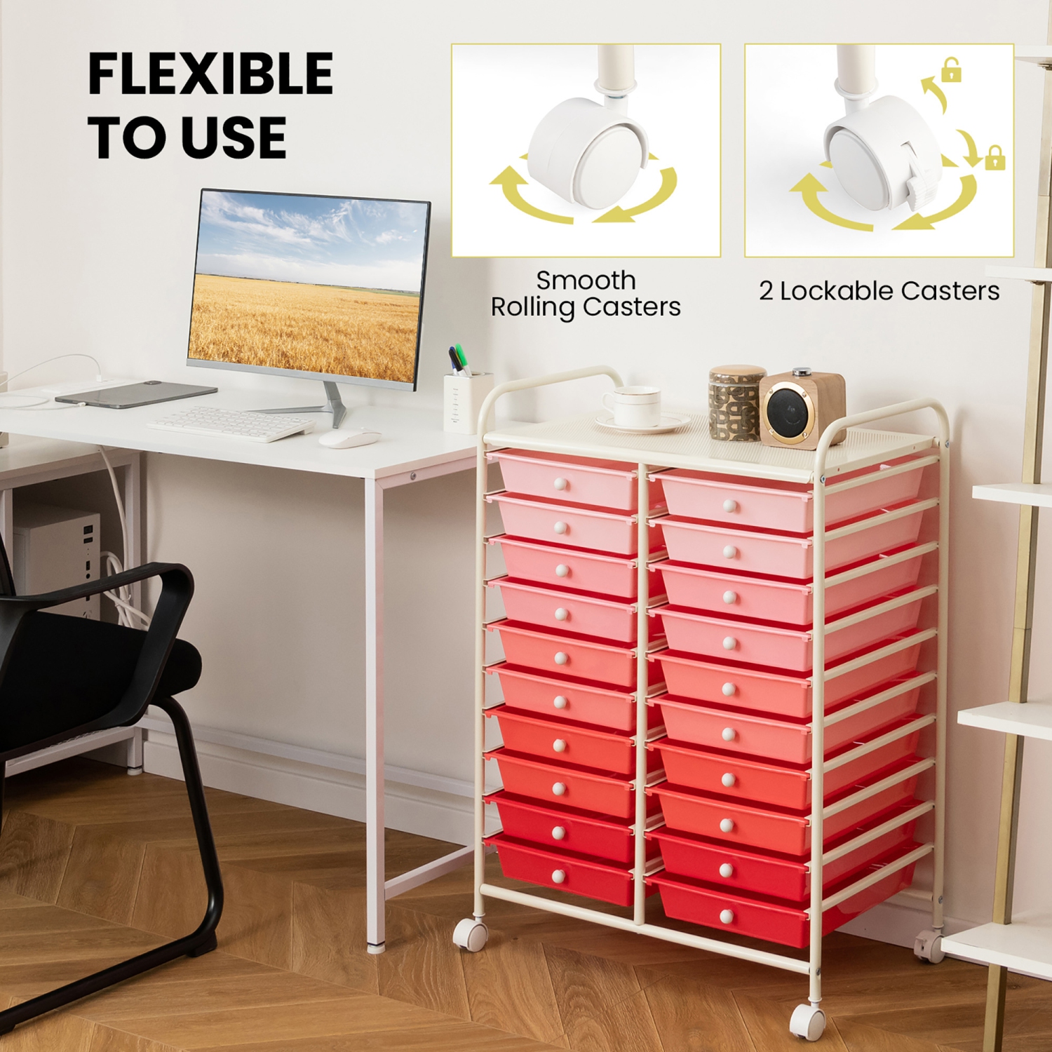 Gymax Office Rolling Cart 20 Storage Drawers Scrapbook Paper Studio Organizer Pink Gradient