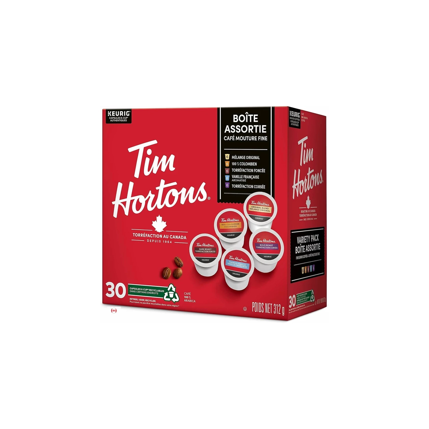 Tim Hortons Variety Pack K-Cup Pods - Original, Dark Roast, Colombian, Bold, French Vanilla - 30 Count