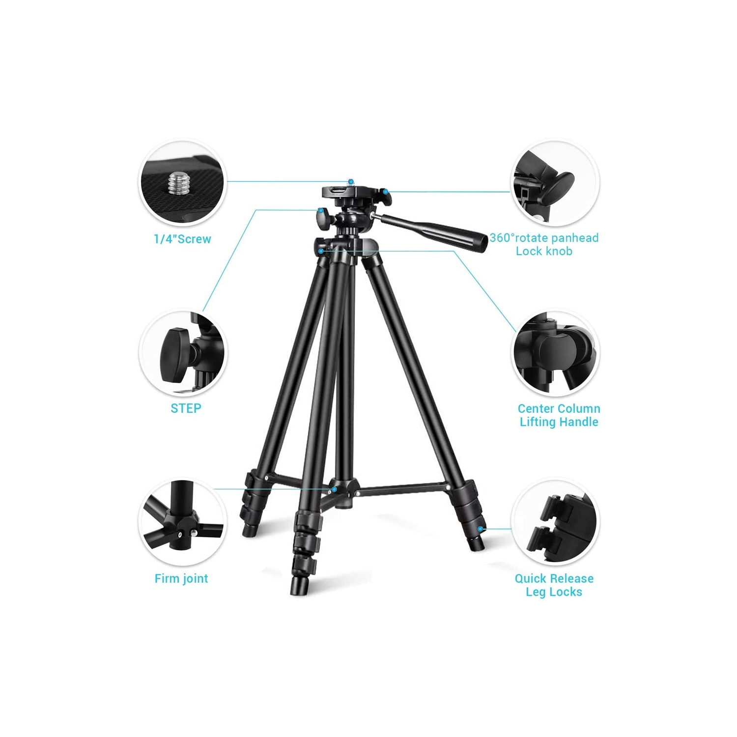 Trépied de voyage vidéo réglable de 50 po, trépied pour téléphone avec support pour téléphone cellulaire et télécommande Bluetooth pour téléphone