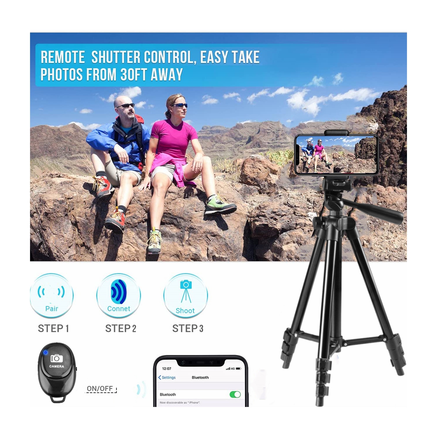 Trépied de voyage vidéo réglable de 50 po, trépied pour téléphone avec support pour téléphone cellulaire et télécommande Bluetooth pour téléphone