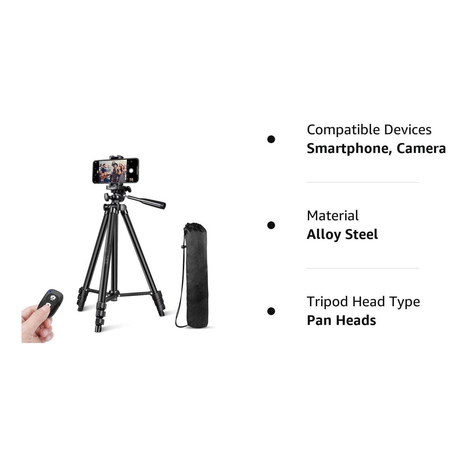 Trépied de voyage vidéo réglable de 50 po, trépied pour téléphone avec support pour téléphone cellulaire et télécommande Bluetooth pour téléphone