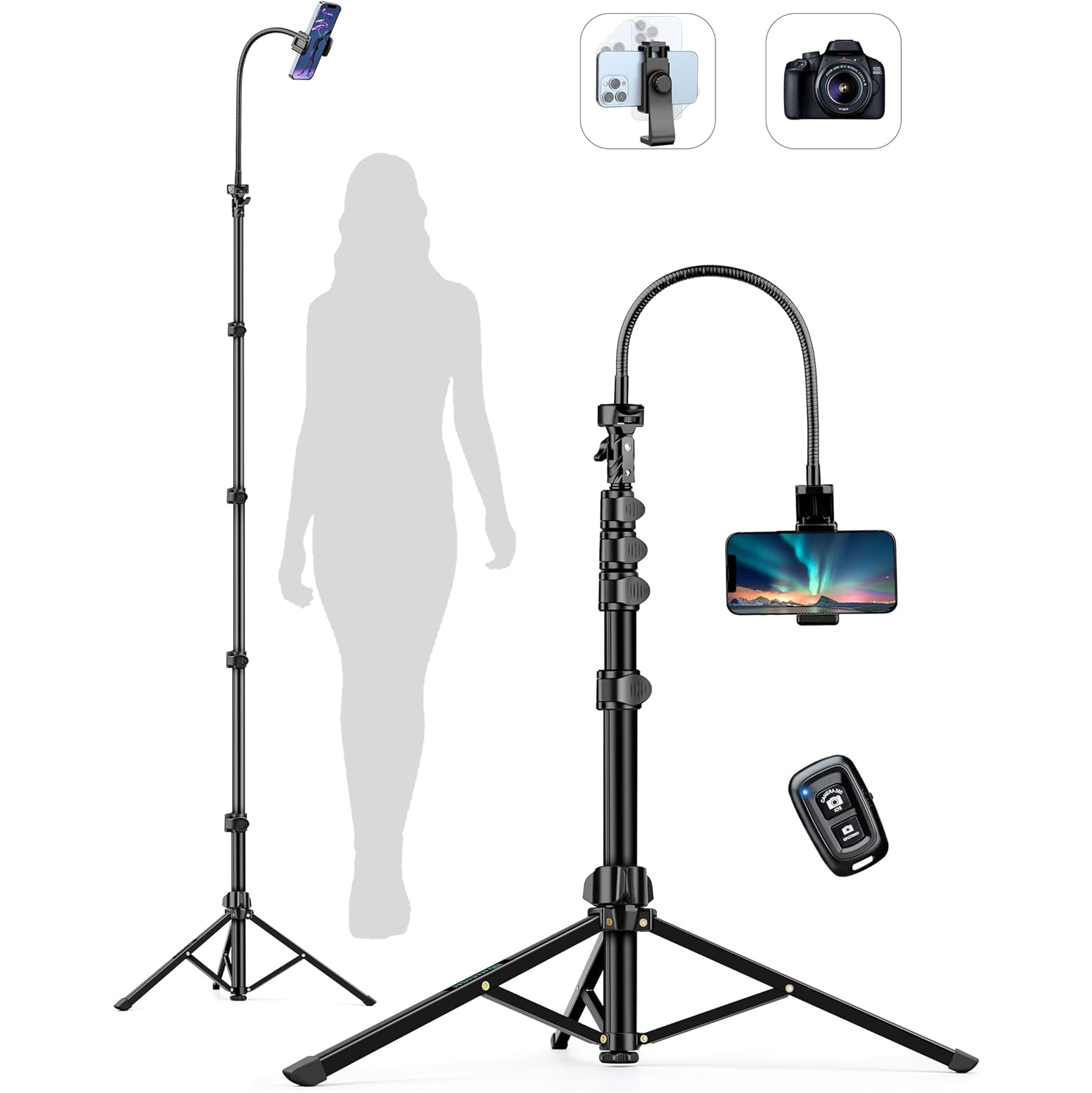 Selfie Stick Tripod, 86.6" Tall Cell ， Phone Tripod Stand with Adjustable Gooseneck Remote Phone Holder, Tripod for Phone Camera Compatible with
