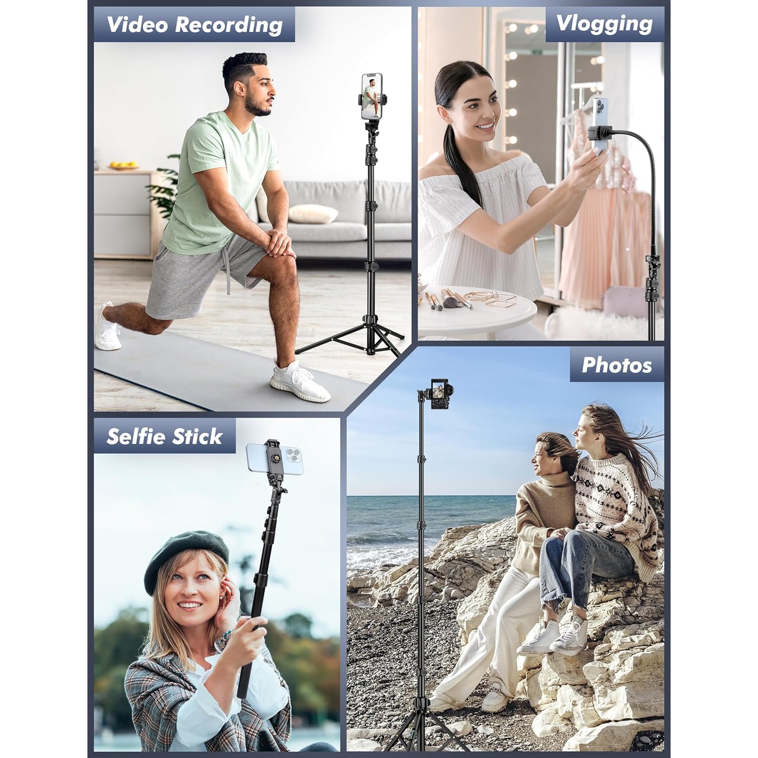 Selfie Stick Tripod, 86.6" Tall Cell , Phone Tripod Stand with Adjustable Gooseneck Remote Phone Holder, Tripod for Phone Camera Compatible with