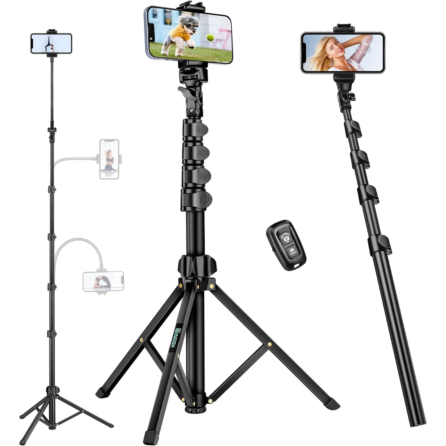 85" Phone Tripod, Selfie Stick Tripod for Video Recording Vlog, Travel Cell Phone Tripod with Gooseneck/Remote/Phone Holder, Compatible with iPhone