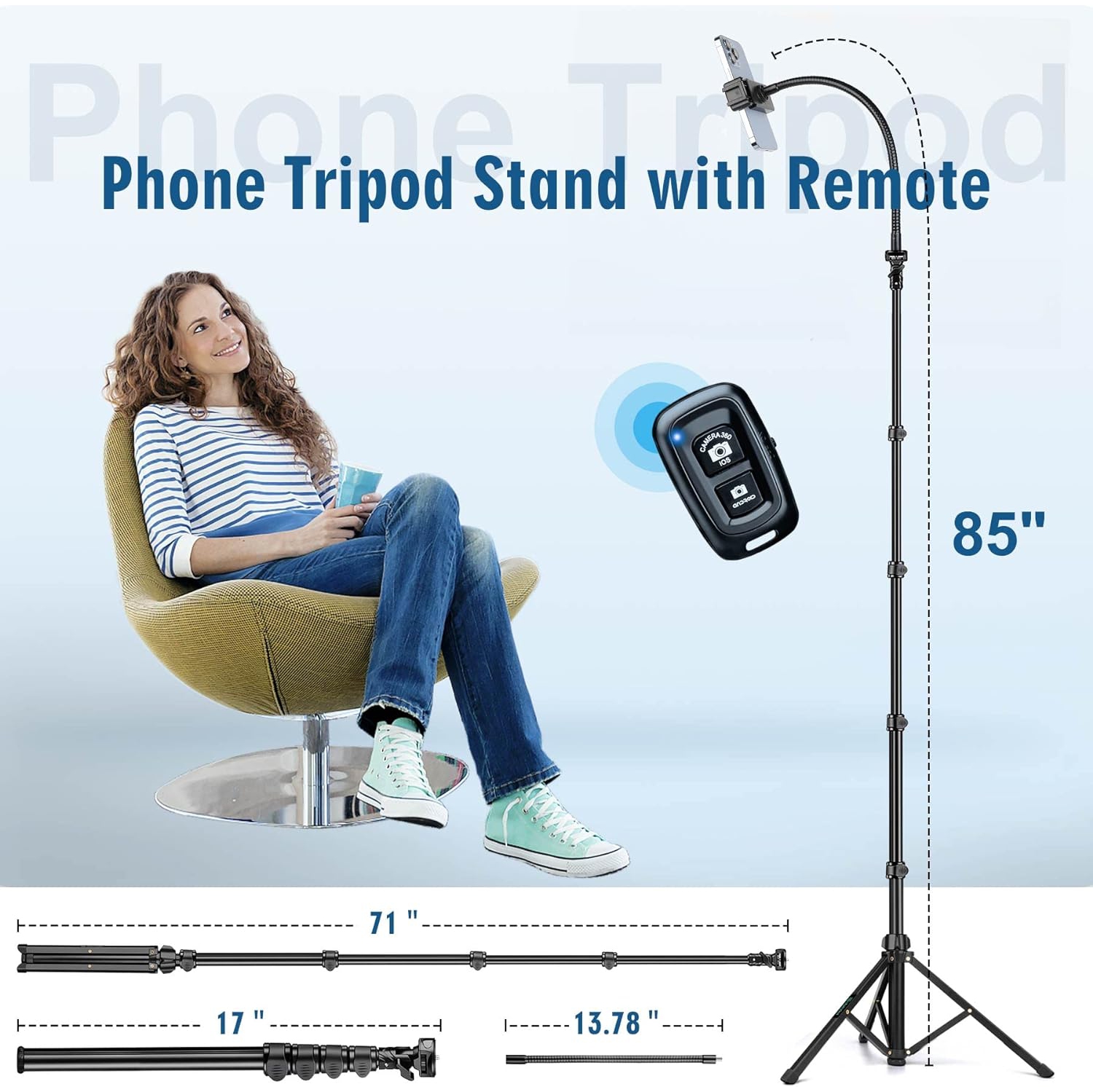 85" Phone Tripod, Selfie Stick Tripod for Video Recording Vlog, Travel Cell Phone Tripod with Gooseneck/Remote/Phone Holder, Compatible with iPhone