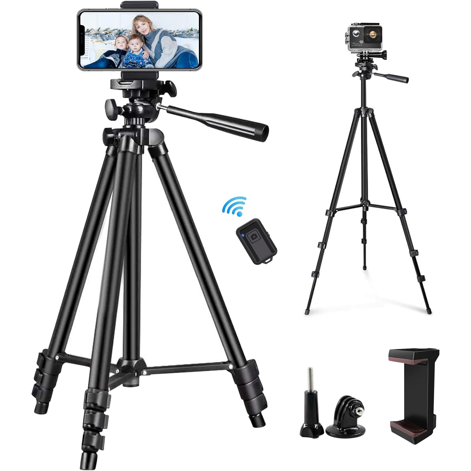 Phone Tripod, 50" Extendable Cell Phone Tripod with Wireless Bluetooth Remote and Universal Phone Holder, Perfect for Video Recording/Selfies/Live