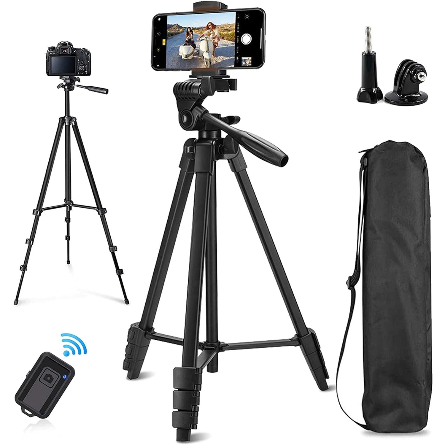 Phone Tripod, 53" Extendable Aluminum Travel Tripod for Phone and Camera with Bluetooth Remote Shutter and Phone Clip, Compatible with iPhone &