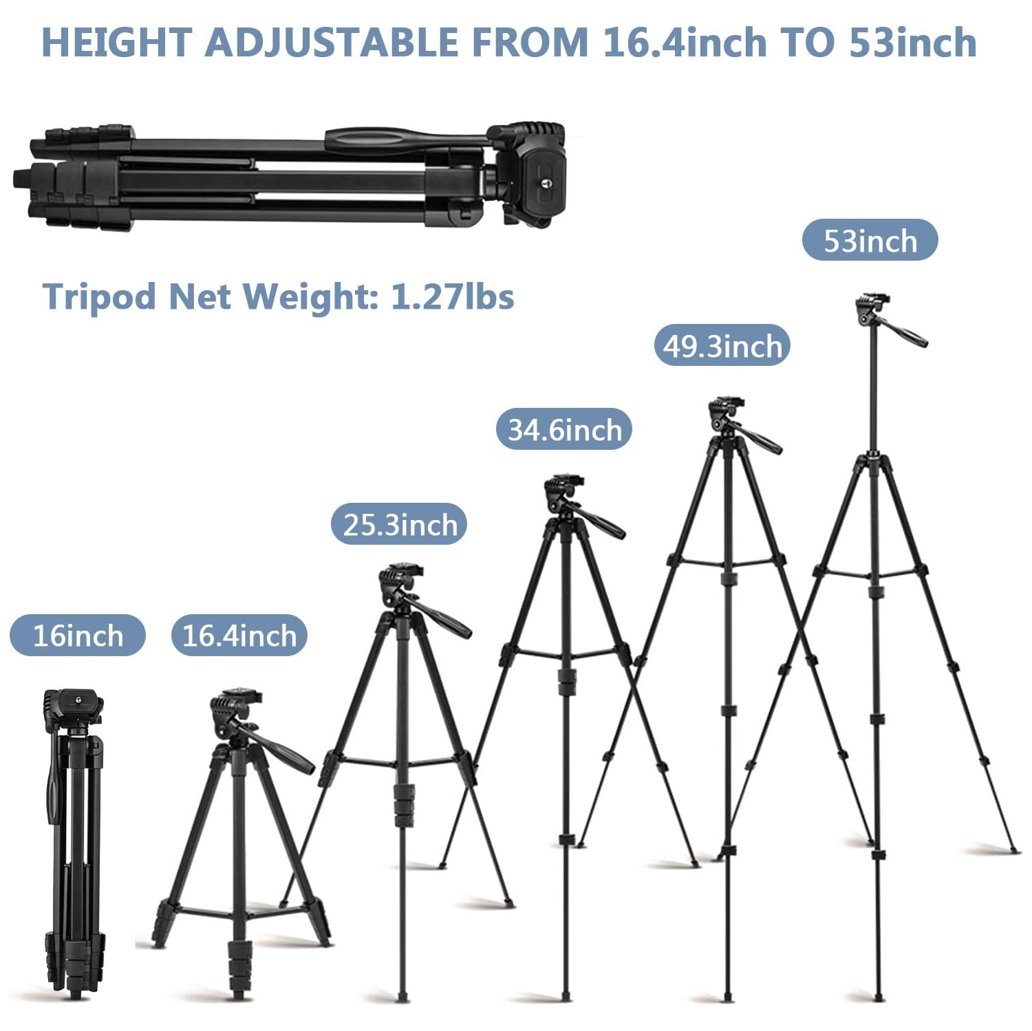 Phone Tripod, 53" Extendable Aluminum Travel Tripod for Phone and Camera with Bluetooth Remote Shutter and Phone Clip, Compatible with iPhone &