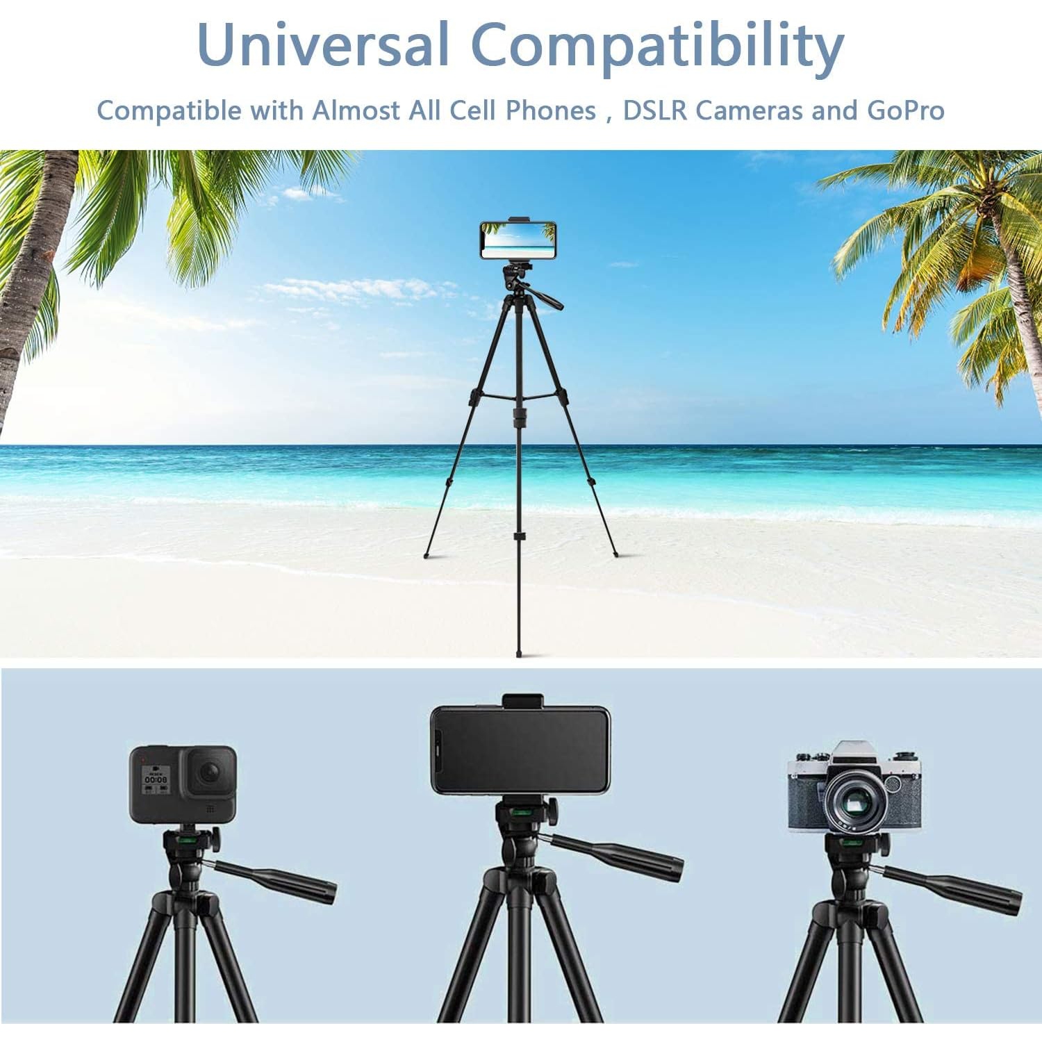 Phone Tripod, 53" Extendable Aluminum Travel Tripod for Phone and Camera with Bluetooth Remote Shutter and Phone Clip, Compatible with iPhone &