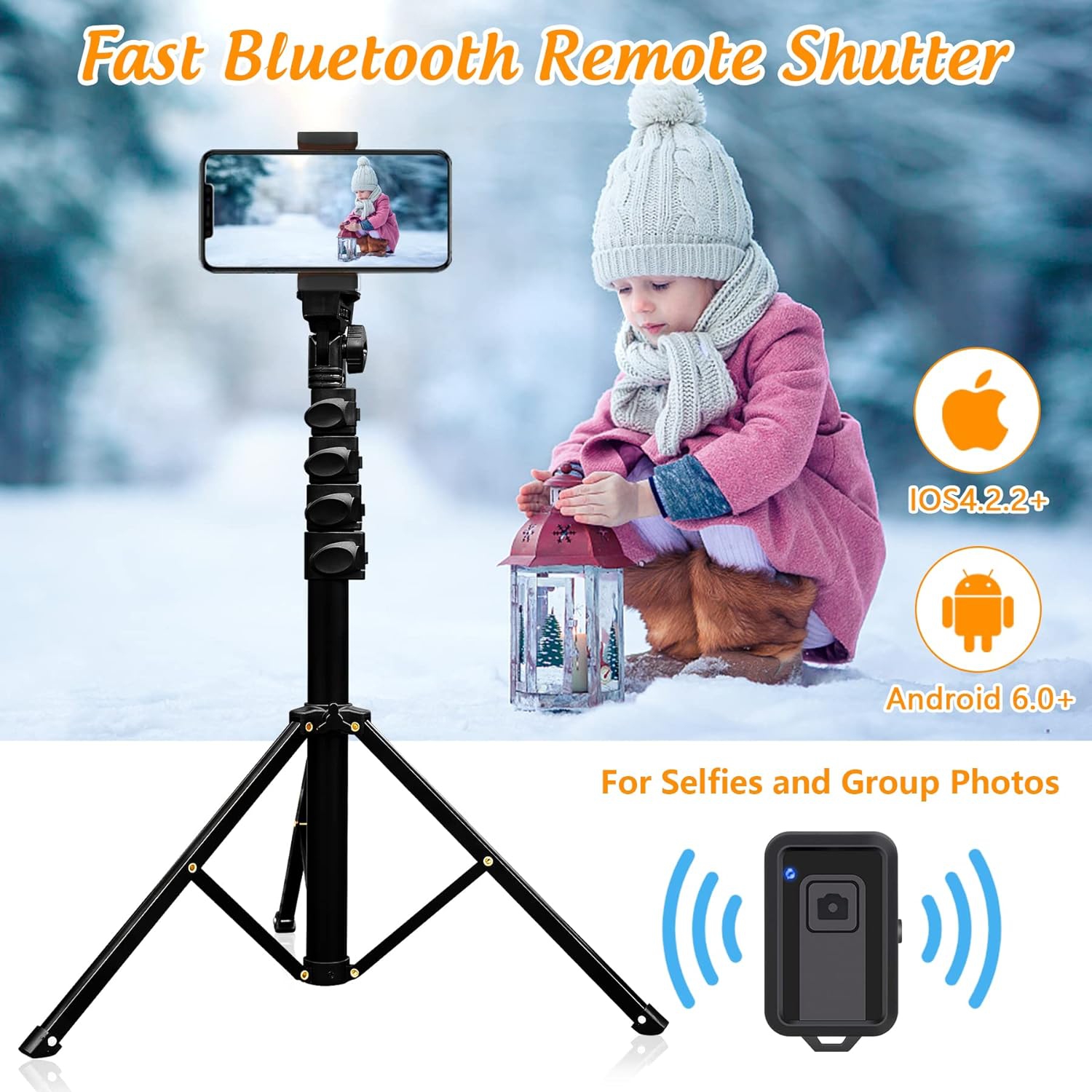 Trépied perche à égoportrait, trépied extensible léger de 62 po pour téléphone avec télécommande sans fil pour iPhone, téléphone Android et appareils