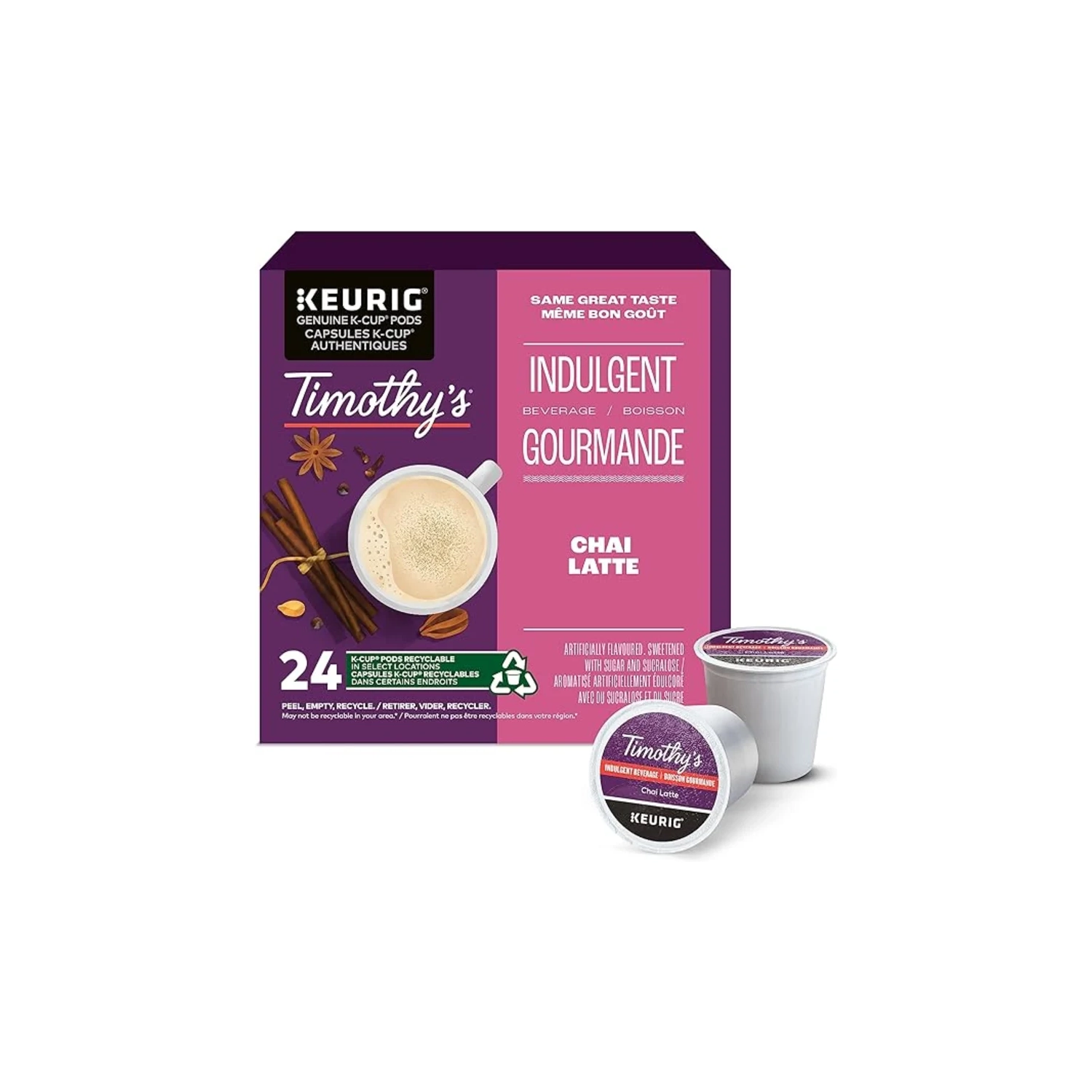 Dosettes K-Cup de café chai latte de Timothy's - Paquet de 24 | pour cafetières Keurig