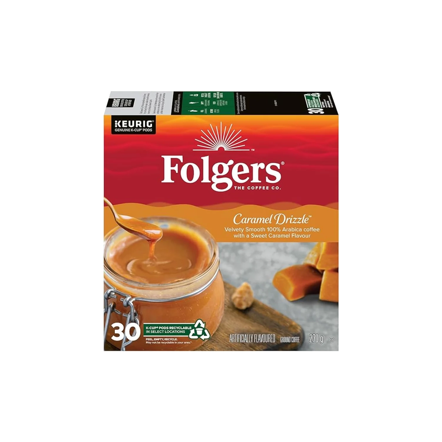 Folgers Caramel Drizzle Flavoured Coffee K-Cup Pods - 30 Count | For Keurig Coffee Makers