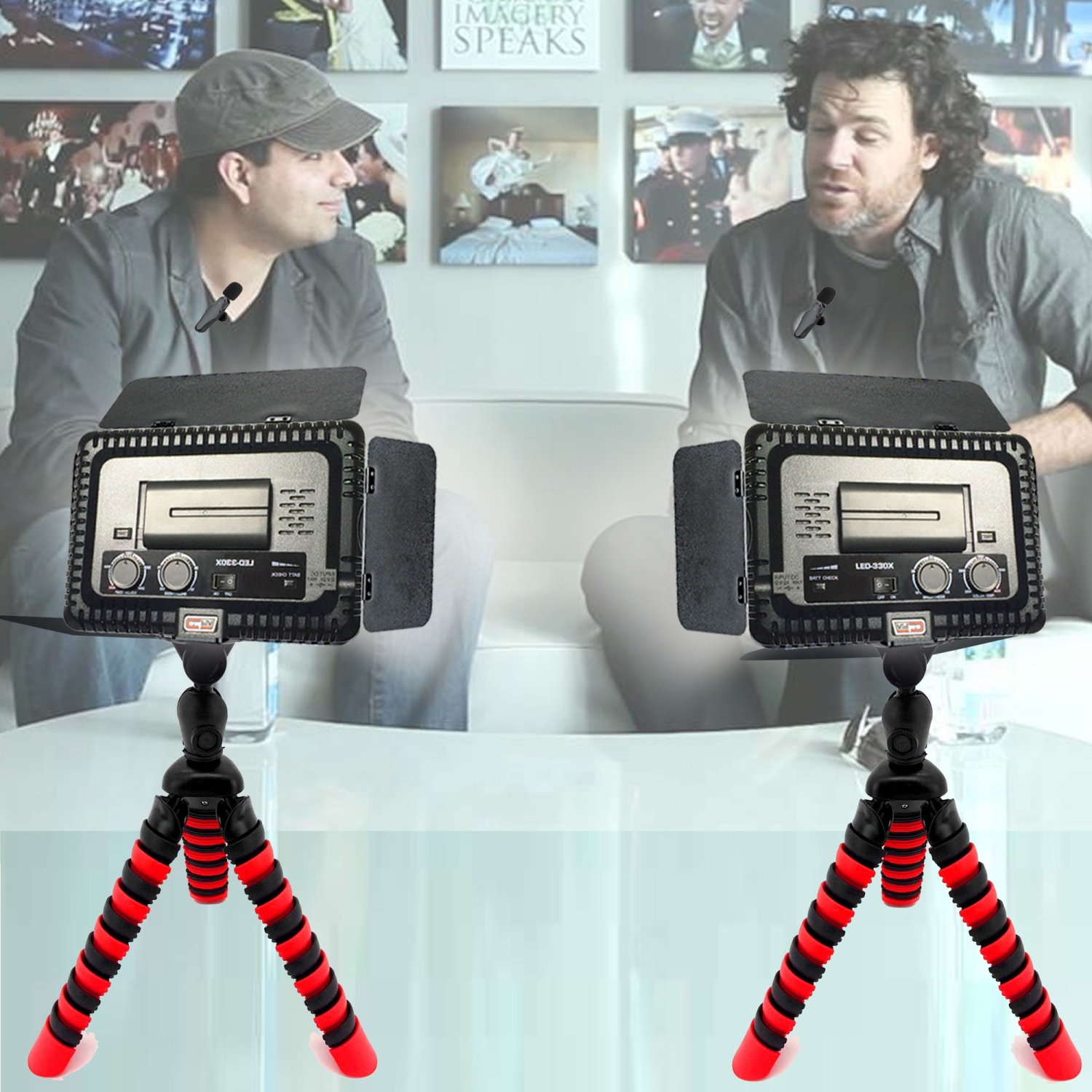 2-Person Wireless Lavelier Microphone Set with LED Video Light on Tripod Bundle