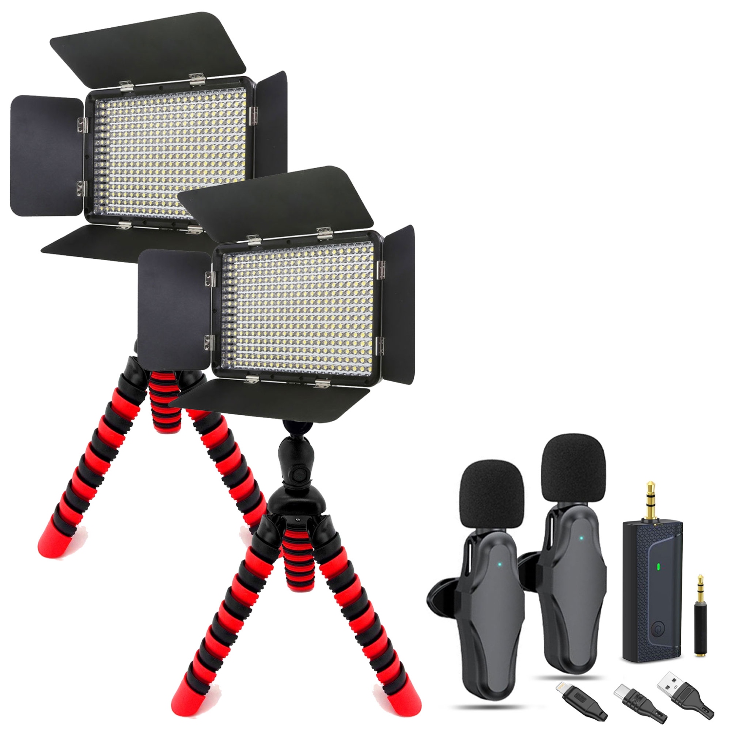 2-Person Wireless Lavelier Microphone Set with LED Video Light on Tripod Bundle