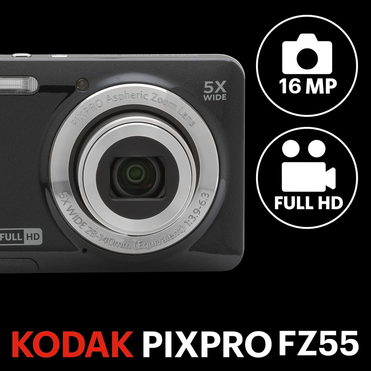 KODAK PIXPRO FZ55-BK 16MP Digital Camera 5X Optical Zoom 28mm Wide