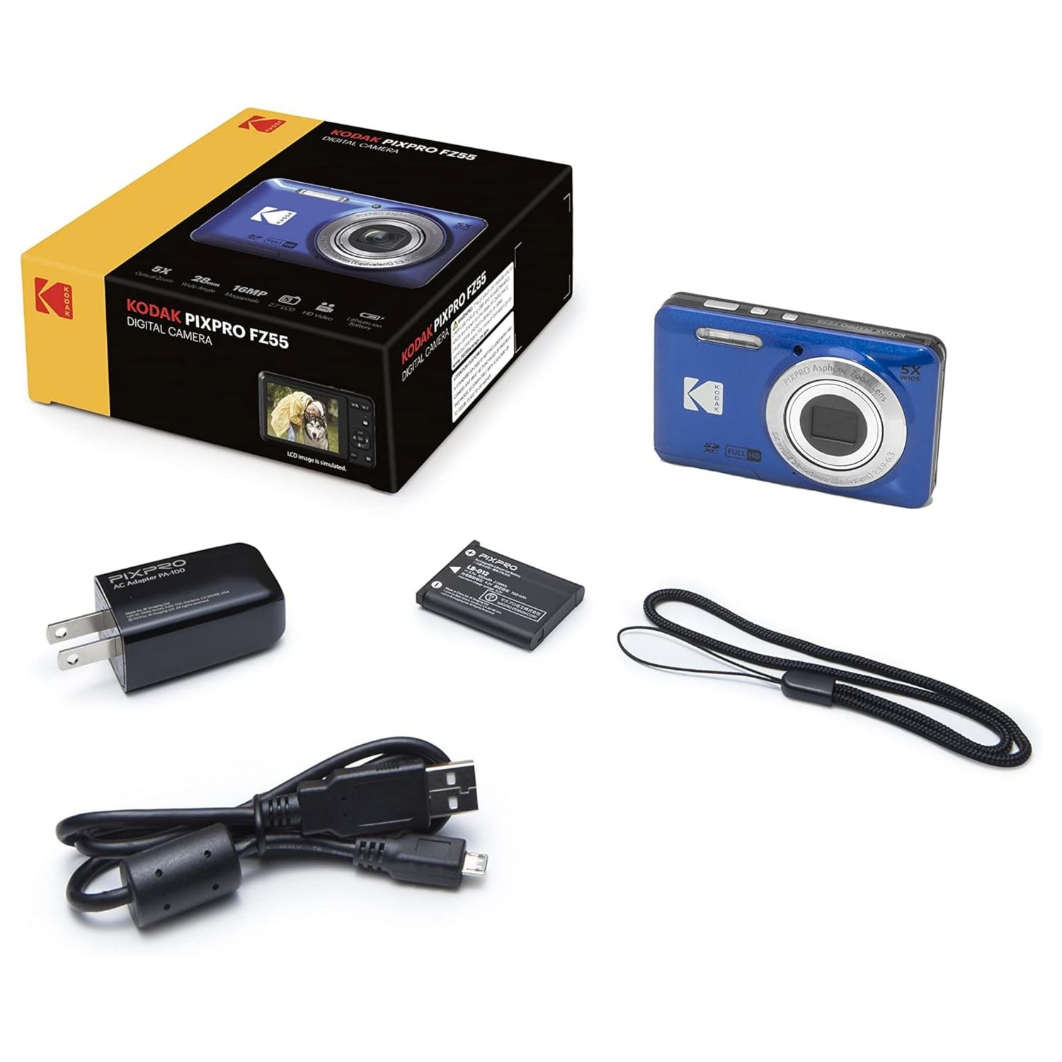 Appareil photo numérique 16&nbsp;Mpx PIXPRO FZ55-BL zoom optique 5X caméra vidéo HD intégrale 1080P dig ACL 2,7 po KODAK 28&nbsp;mm