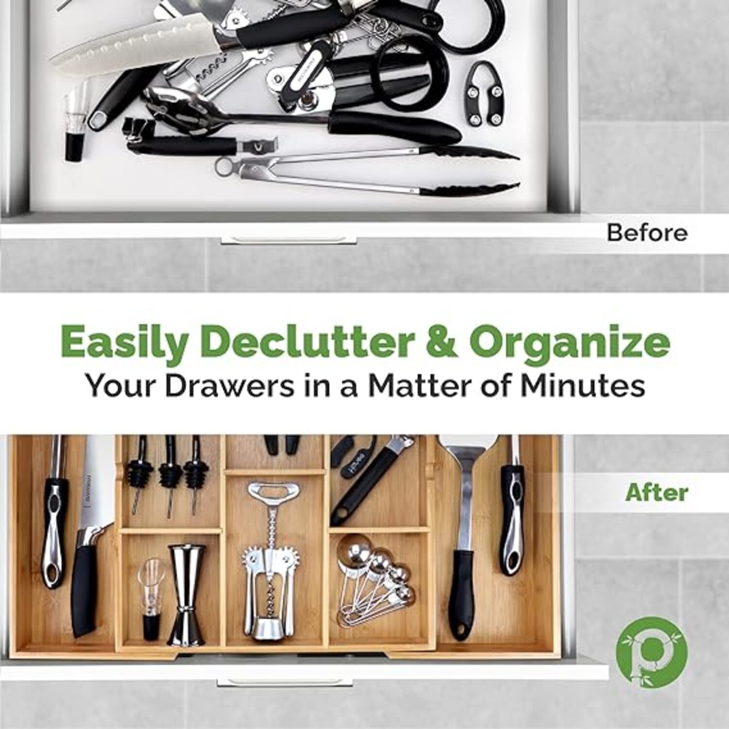 Pristine Bamboo Expandable Drawer Organizers for Kitchen - Extra Deep Non-Slip 17” x 14.6” - Dark Wooden Silverware Divider (10 Compartments) –