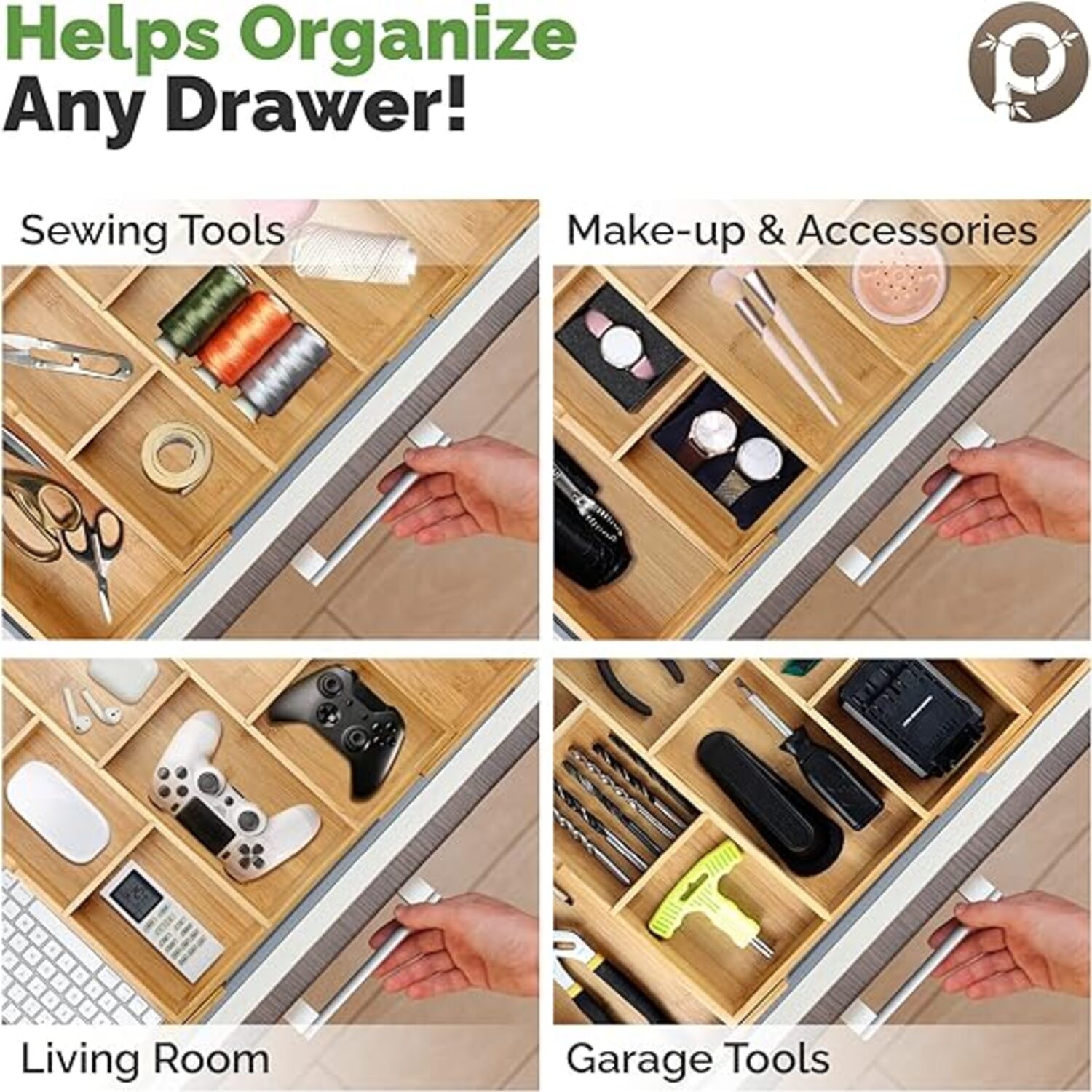 Pristine Bamboo Expandable Drawer Organizers for Kitchen - Extra Deep Non-Slip 17” x 14.6” - Dark Wooden Silverware Divider (10 Compartments) –