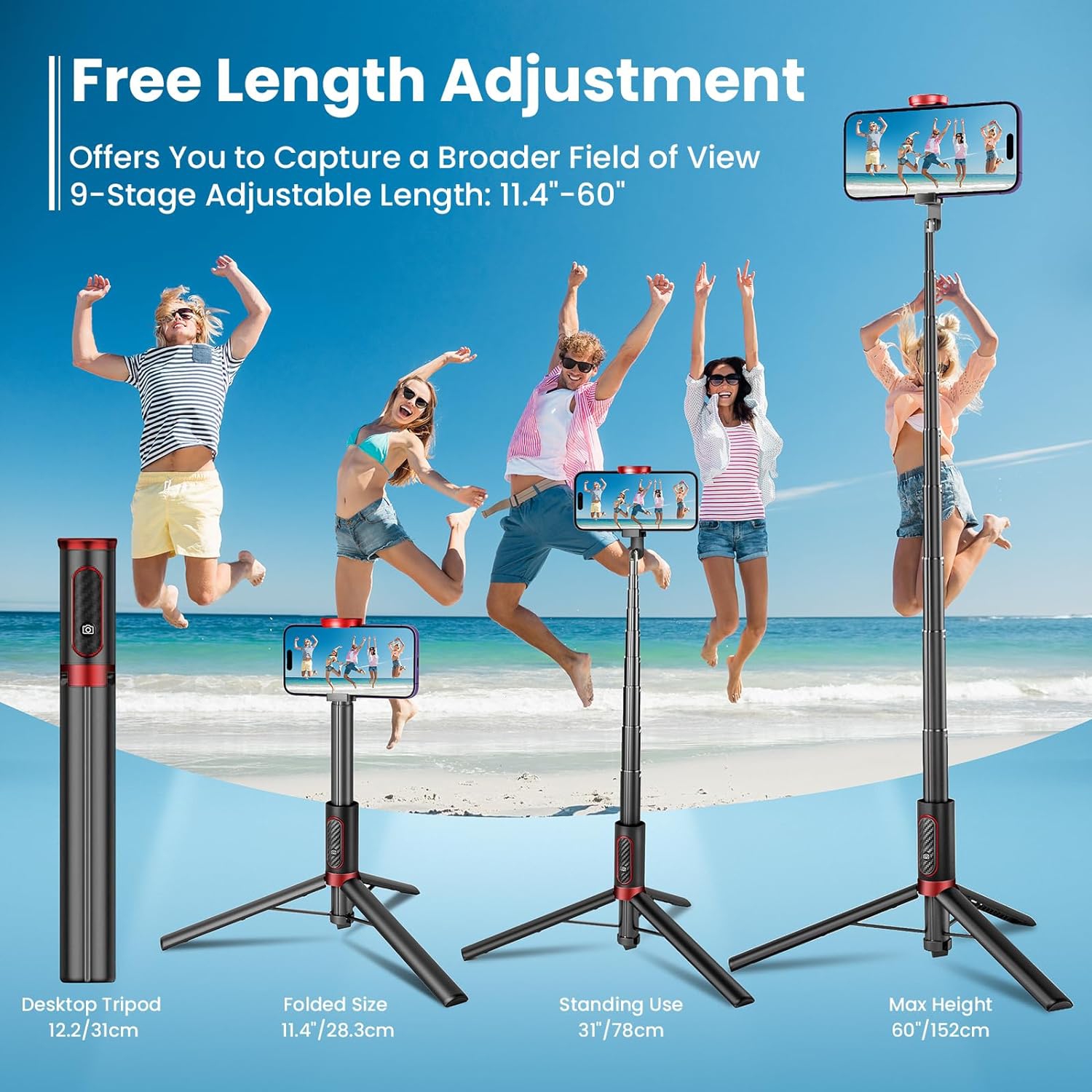 Selfie Stick Tripod, 60'' all in 1 Aluminum Phone Tripod Stand with Remote for iPhone 15/14/Pro Max/13/12 & Samsung Huawei 4''-7'' Smartphones. Stick