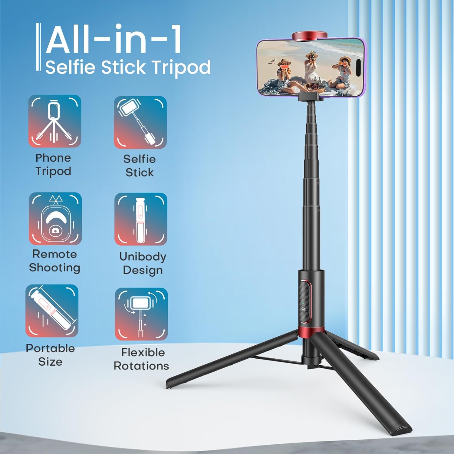Selfie Stick Tripod, 60'' all in 1 Aluminum Phone Tripod Stand with Remote for iPhone 15/14/Pro Max/13/12 & Samsung Huawei 4''-7'' Smartphones. Stick