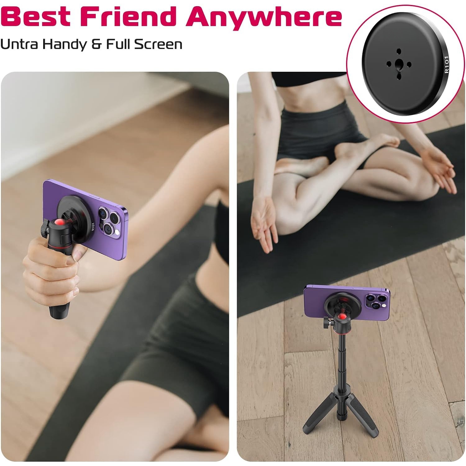 Magnetic Cell Phone Tripod Compatible with MagSafe, Mini Extendable Selfie Stick 360° Ball Head Tripod Stand Handle Grip for iPhone 14 13 12 Series