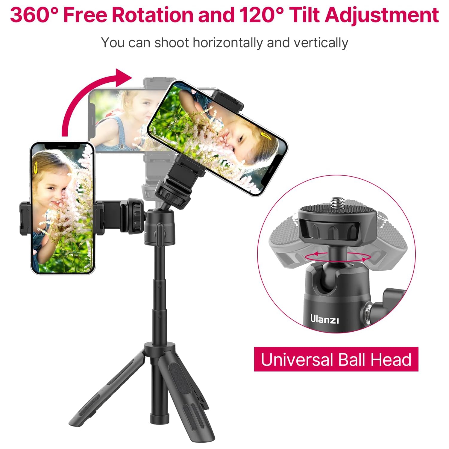 Portable Vlog Phone Tripod Stand with Phone Mount Gopro Adapter,M12 Extendable Selfie Stick for Gopro, Mini Hand Grip Compatible with Gopro Hero
