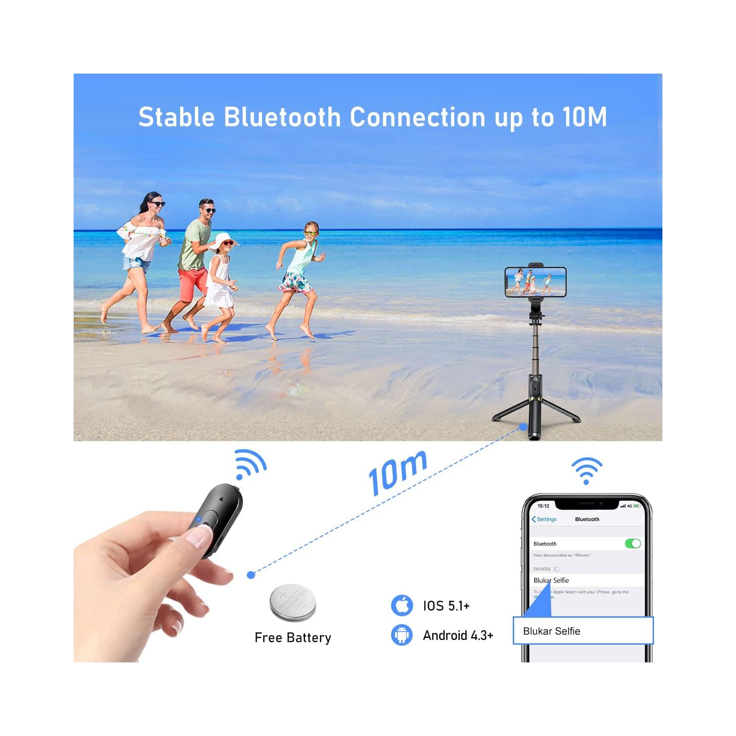 Selfie Stick, 4 in 1 Extendable Bluetooth Selfie Stick Tripod, 360° Rotation Stable Tripod Stand with Detachable Wireless Remote, for GoPro, Small